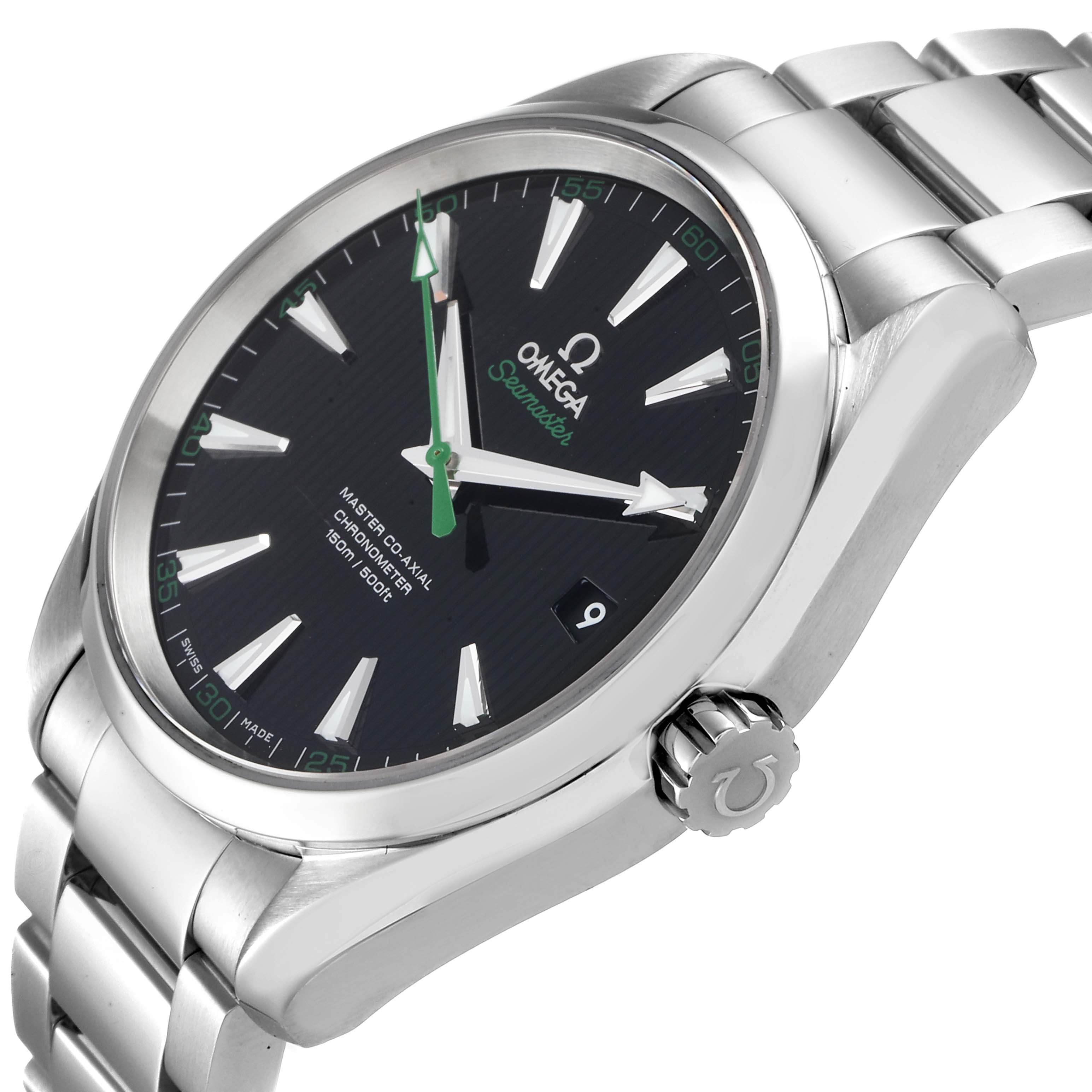 The Omega Aqua Terra 231.10.42.21.01.004 Men's Stainless Steel Black Dial 231.10.42.21.01.004 Men's Stainless Steel Black Dial watch is shown from a slightly angled side view, showcasing its black dial, silver bracelet, and crown.