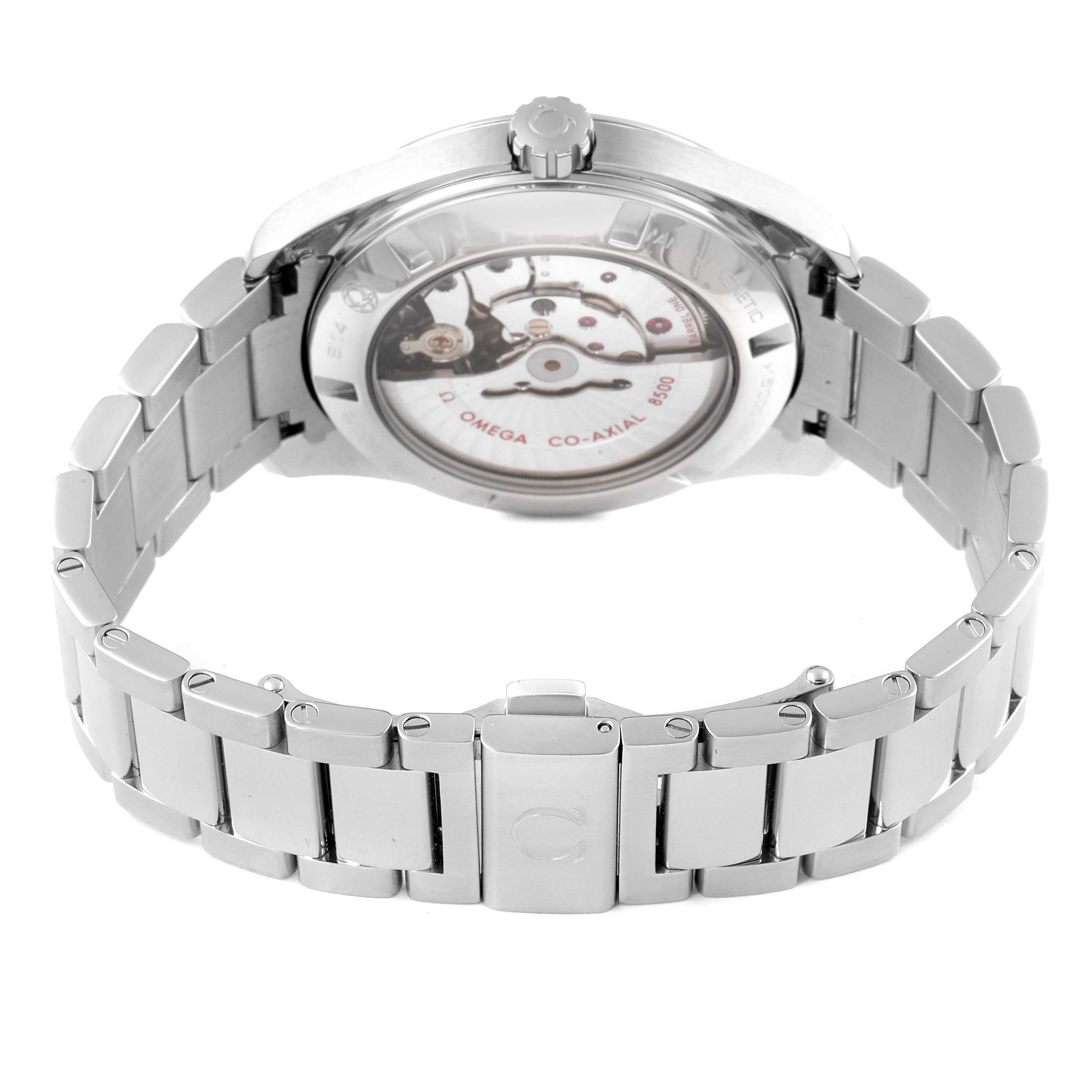 This image shows the back view of the Omega Aqua Terra 231.10.42.21.01.004 Men's Stainless Steel Black Dial 231.10.42.21.01.004 Men's Stainless Steel Black Dial watch, highlighting its metal bracelet and transparent case back revealing the movement.