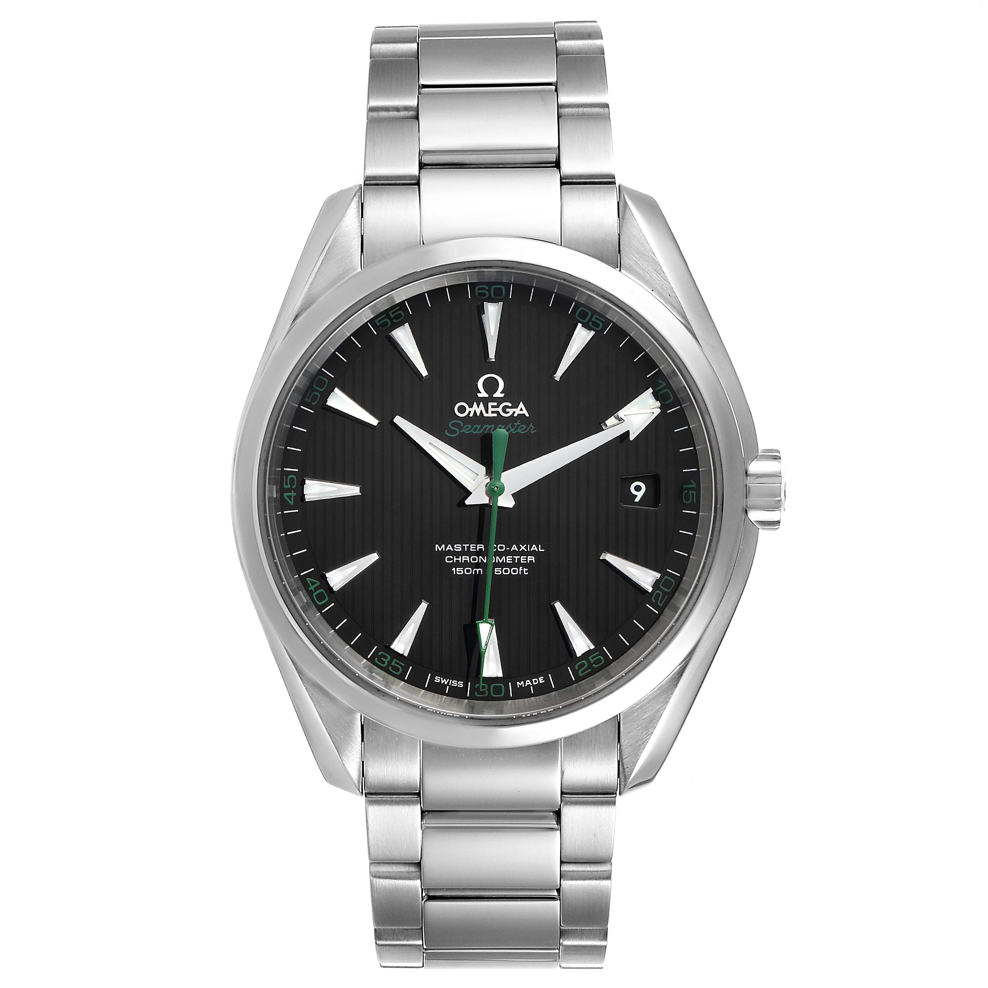 The image shows a front view of the Omega Aqua Terra 231.10.42.21.01.004 Men's Stainless Steel Black Dial 231.10.42.21.01.004 Men's Stainless Steel Black Dial watch, displaying its black dial, hands, hour markers, date window, and stainless steel bracelet.