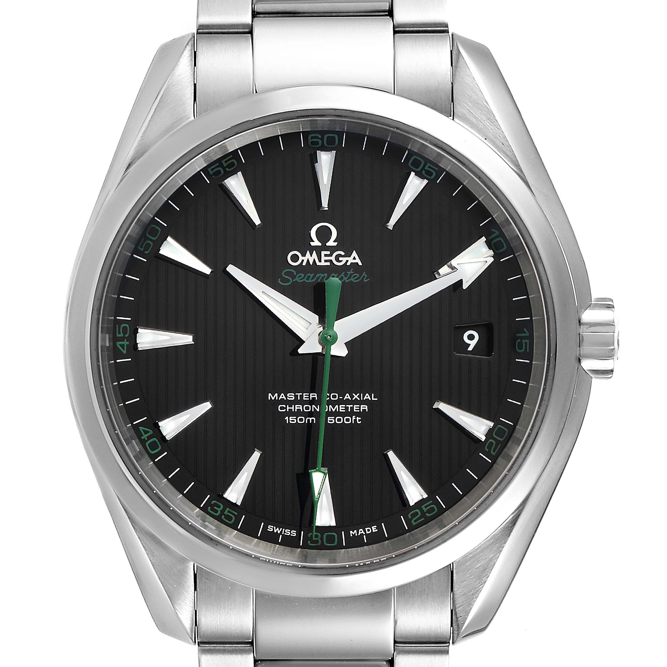 The image shows a front view of the Omega Aqua Terra 231.10.42.21.01.004 Men's Stainless Steel Black Dial 231.10.42.21.01.004 Men's Stainless Steel Black Dial watch, displaying its dial, bezel, and metal bracelet.