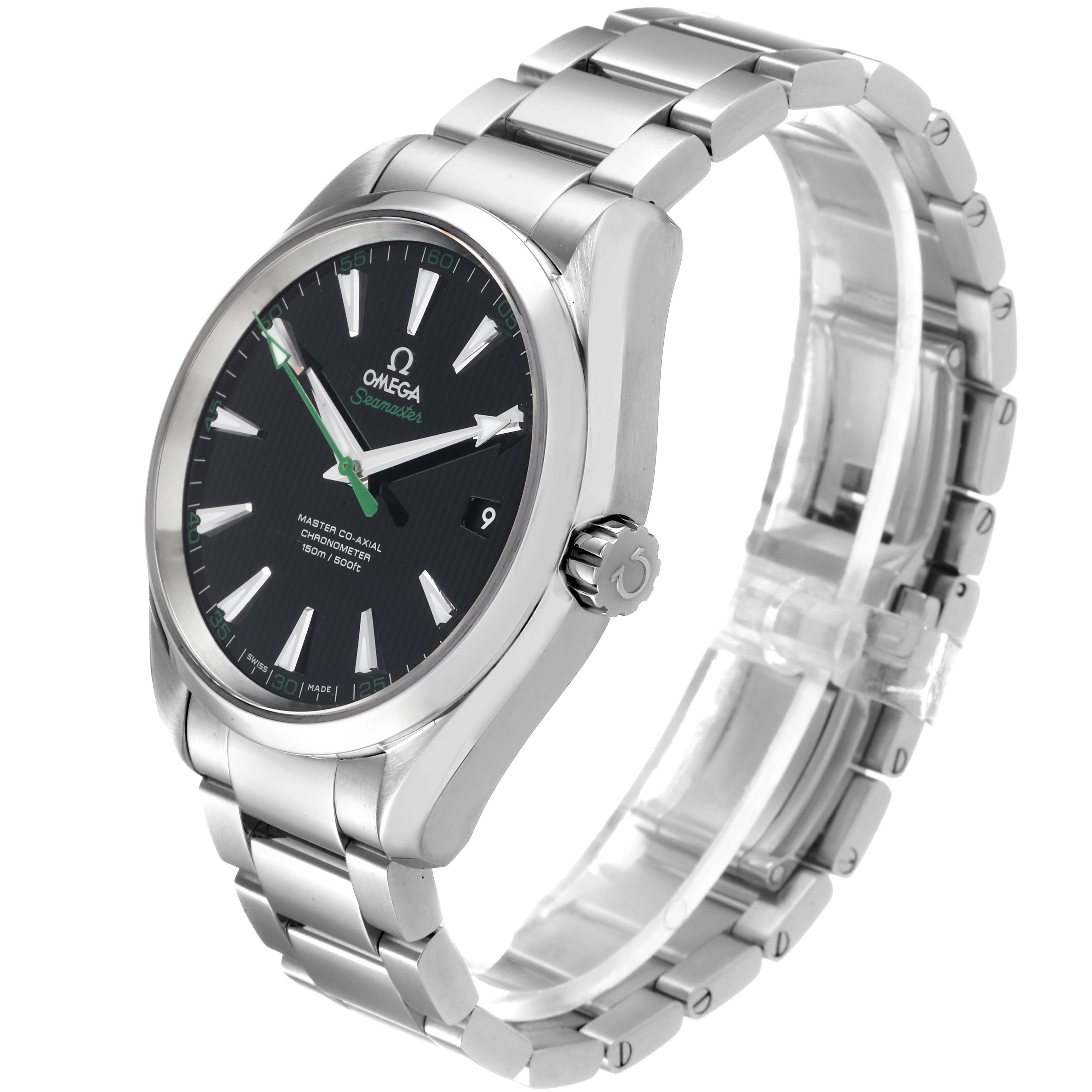 The image shows an Omega Aqua Terra 231.10.42.21.01.004 Men's Stainless Steel Black Dial 231.10.42.21.01.004 Men's Stainless Steel Black Dial watch at an angle highlighting its dial, crown, and stainless steel bracelet.