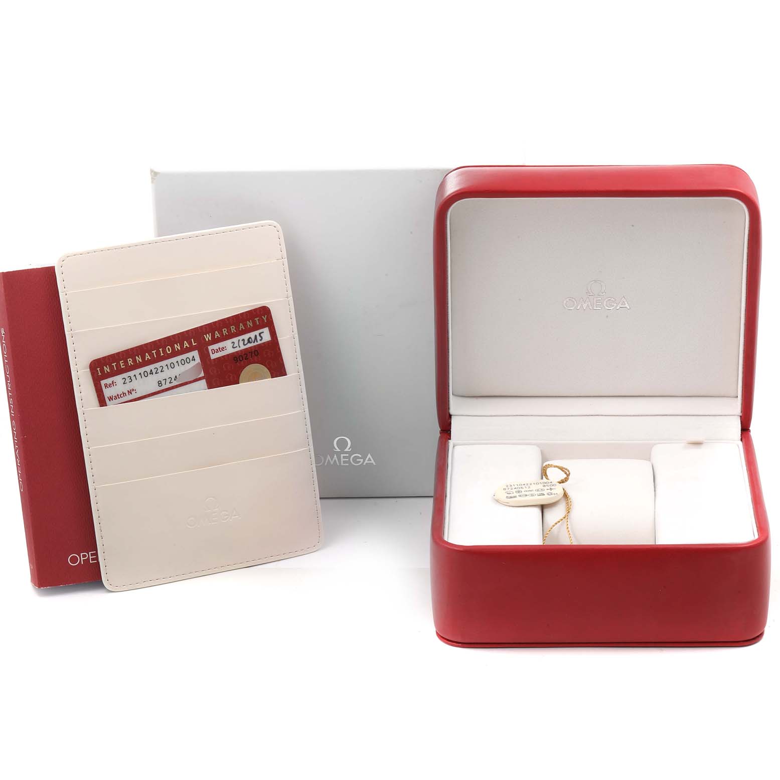 The image shows the packaging, warranty cards, and manual for the Omega Aqua Terra 231.10.42.21.01.004 Men's Stainless Steel Black Dial 231.10.42.21.01.004 Men's Stainless Steel Black Dial model watch.