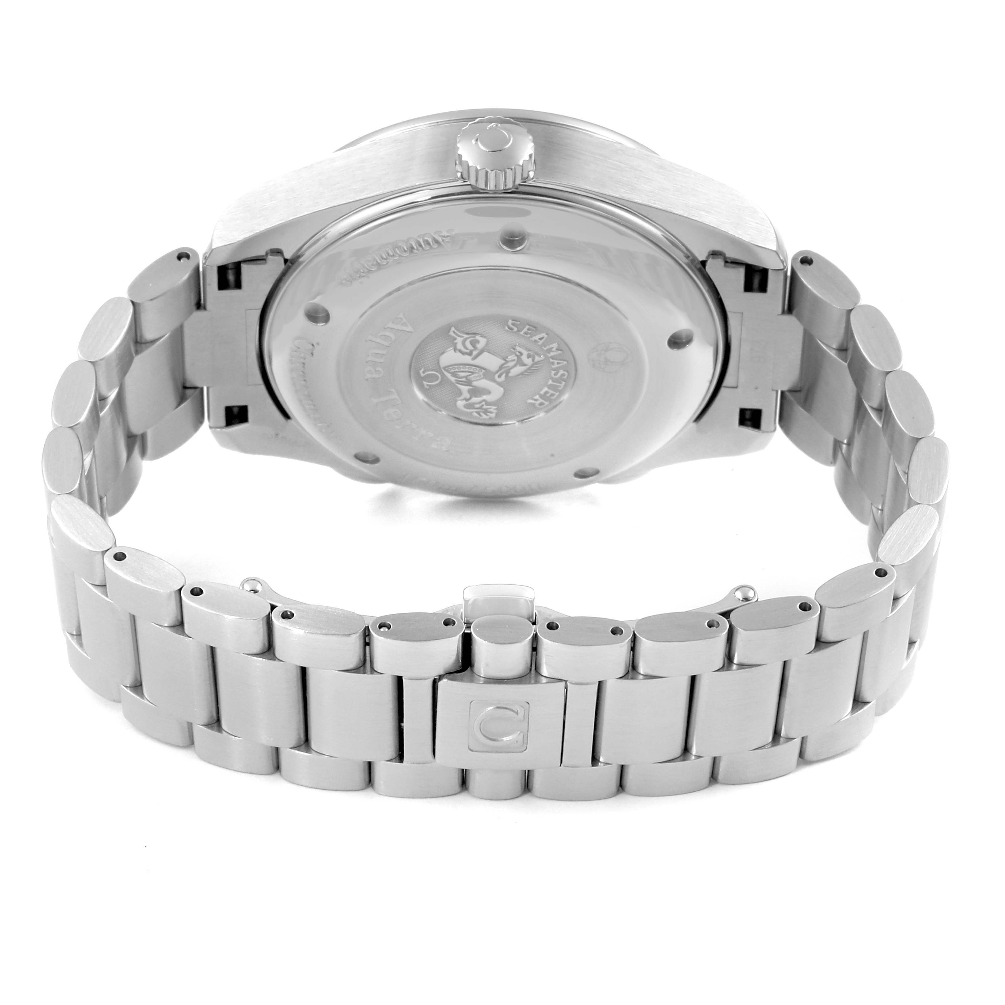 The image shows the back case and the metal bracelet of an Omega Aqua Terra 2513.30.00 Men
s Stainless Steel Silver Dial 2513.30.00 Men
s Stainless Steel Silver Dial watch from a rear angle.