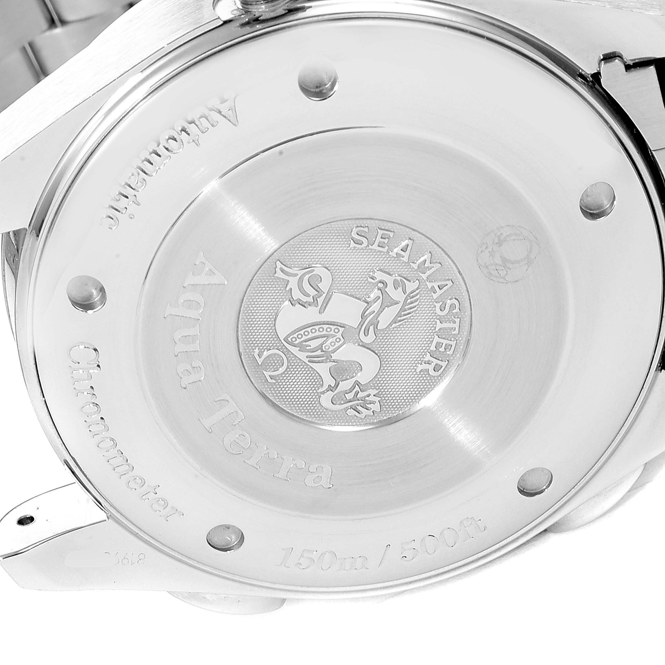 The image displays the back case of an Omega Aqua Terra 2513.30.00 Men
s Stainless Steel Silver Dial 2513.30.00 Men
s Stainless Steel Silver Dial Seamaster Chronometer watch, showcasing the engraved logo and specifications.