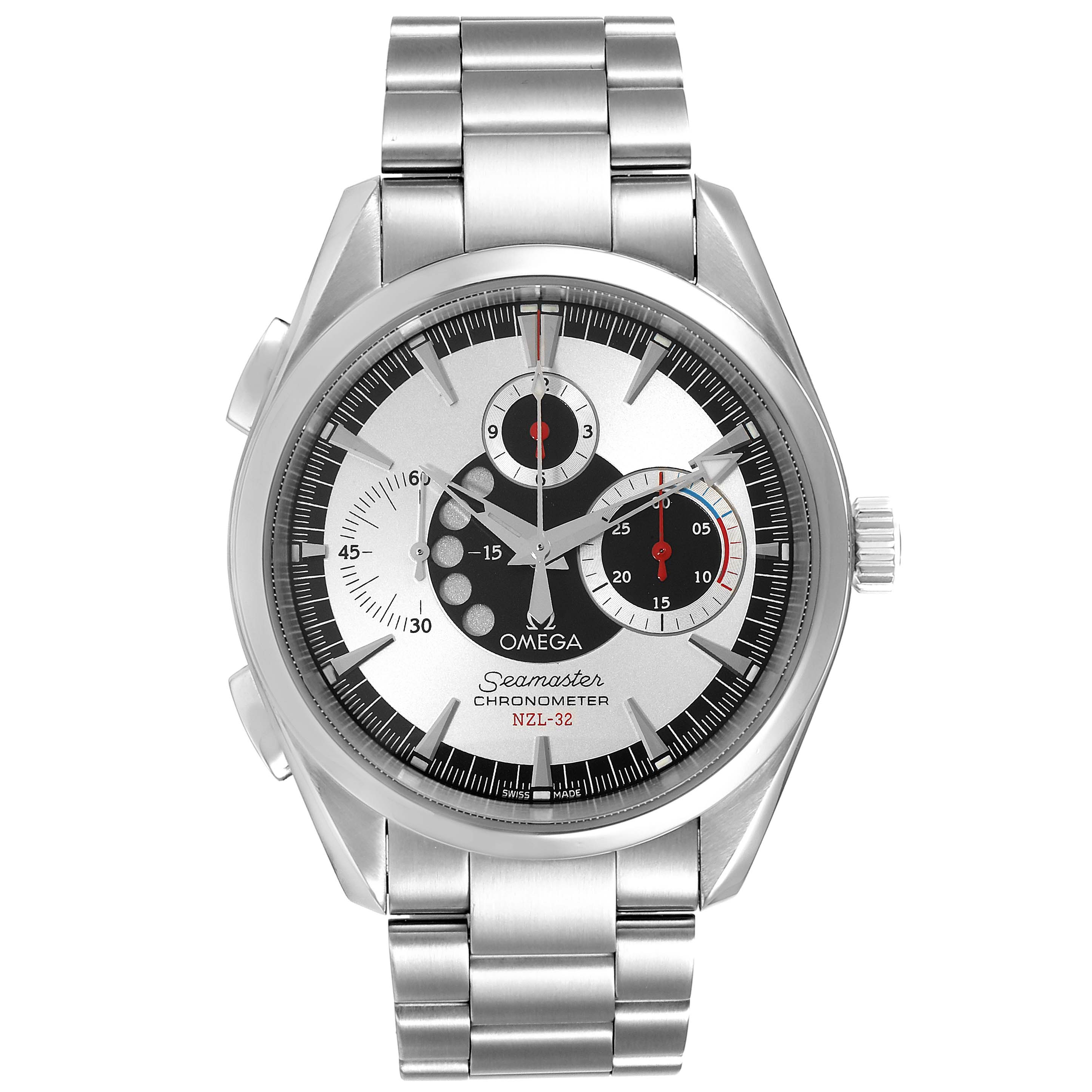 The image displays a front view of the Omega Seamaster Aqua Terra watch, showcasing its face, dial, and bracelet.