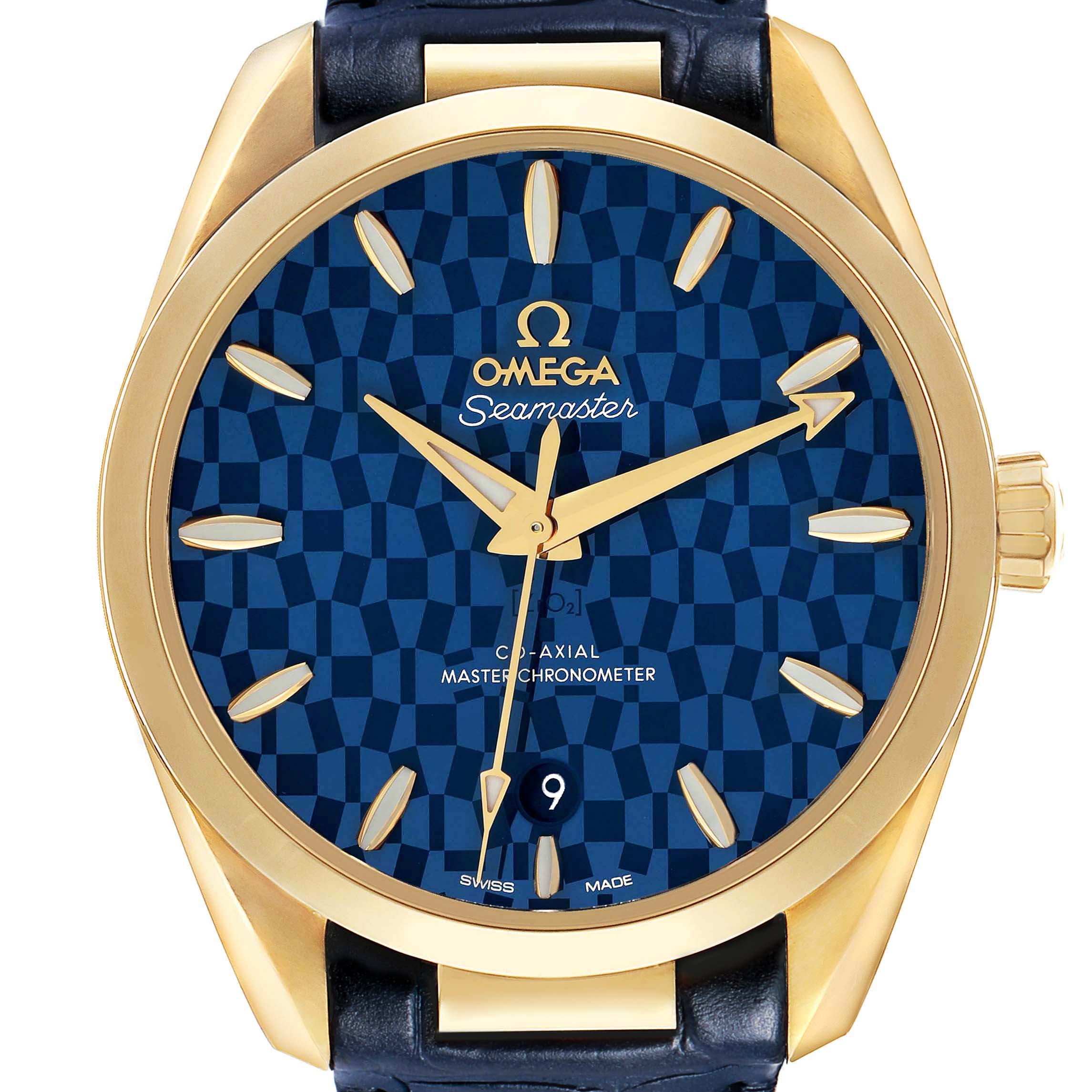 The Omega Aqua Terra 522.53.38.20.03.001 Men's Yellow Gold Blue Dial watch is shown from the front, highlighting its blue patterned dial, gold bezel, and leather strap.