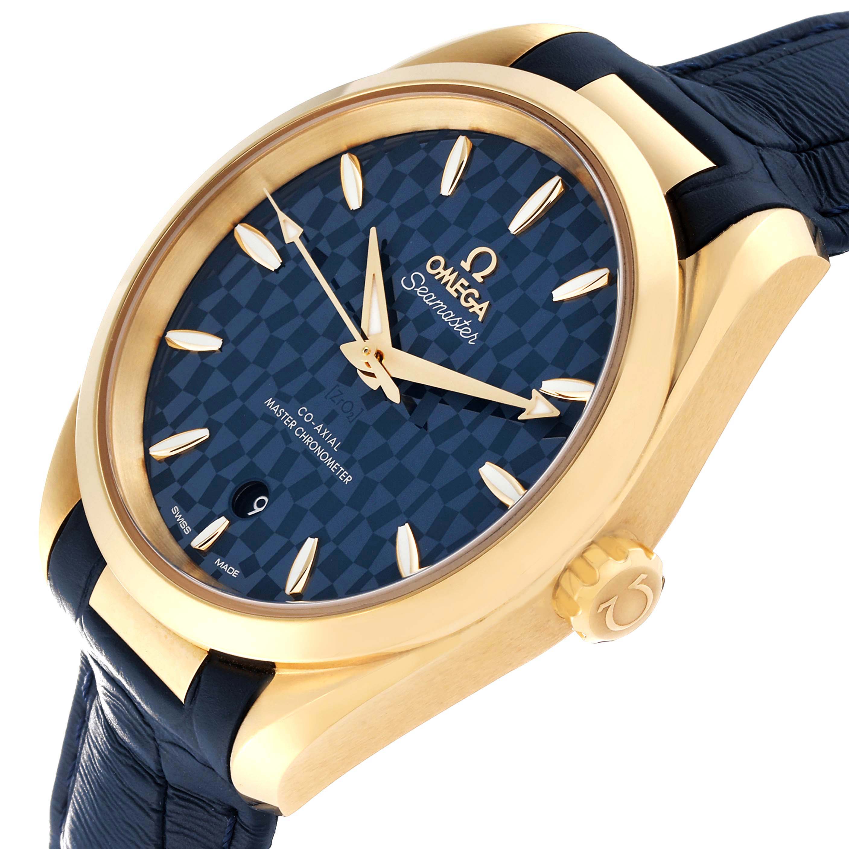 The Omega Aqua Terra 522.53.38.20.03.001 Men's Yellow Gold Blue Dial watch is shown at an angled side view, highlighting its dial, case, crown, and part of the strap.