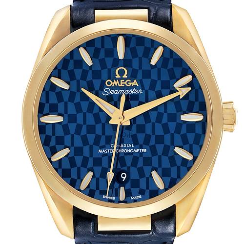 The Omega Aqua Terra 522.53.38.20.03.001 Men's Yellow Gold Blue Dial watch is shown from the front, highlighting its blue patterned dial and gold case with three hands and date display.