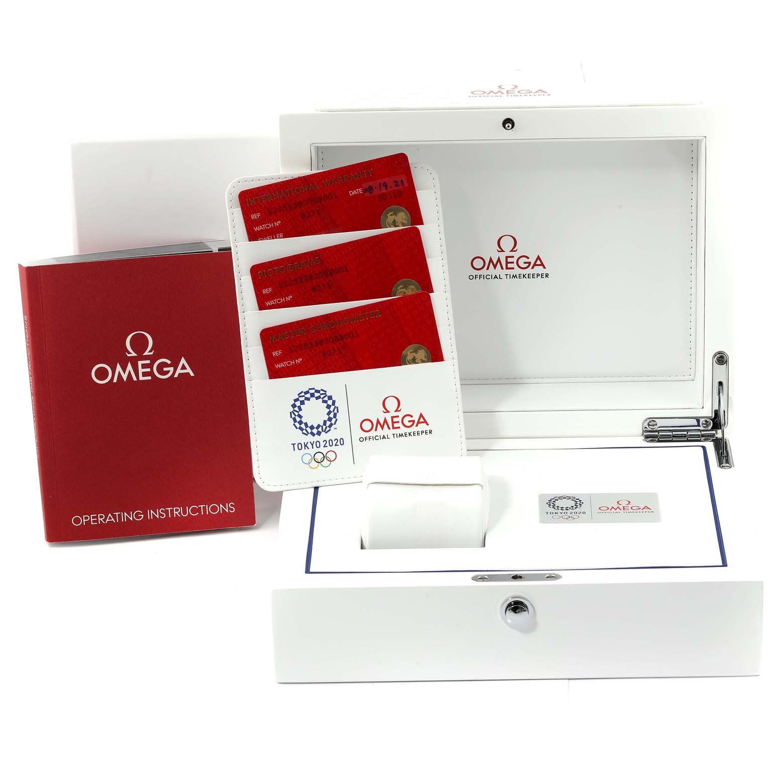 The image shows an Omega Aqua Terra 522.53.38.20.03.001 Men's Yellow Gold Blue Dial watch box, warranty cards, and an instruction booklet from a front angle.