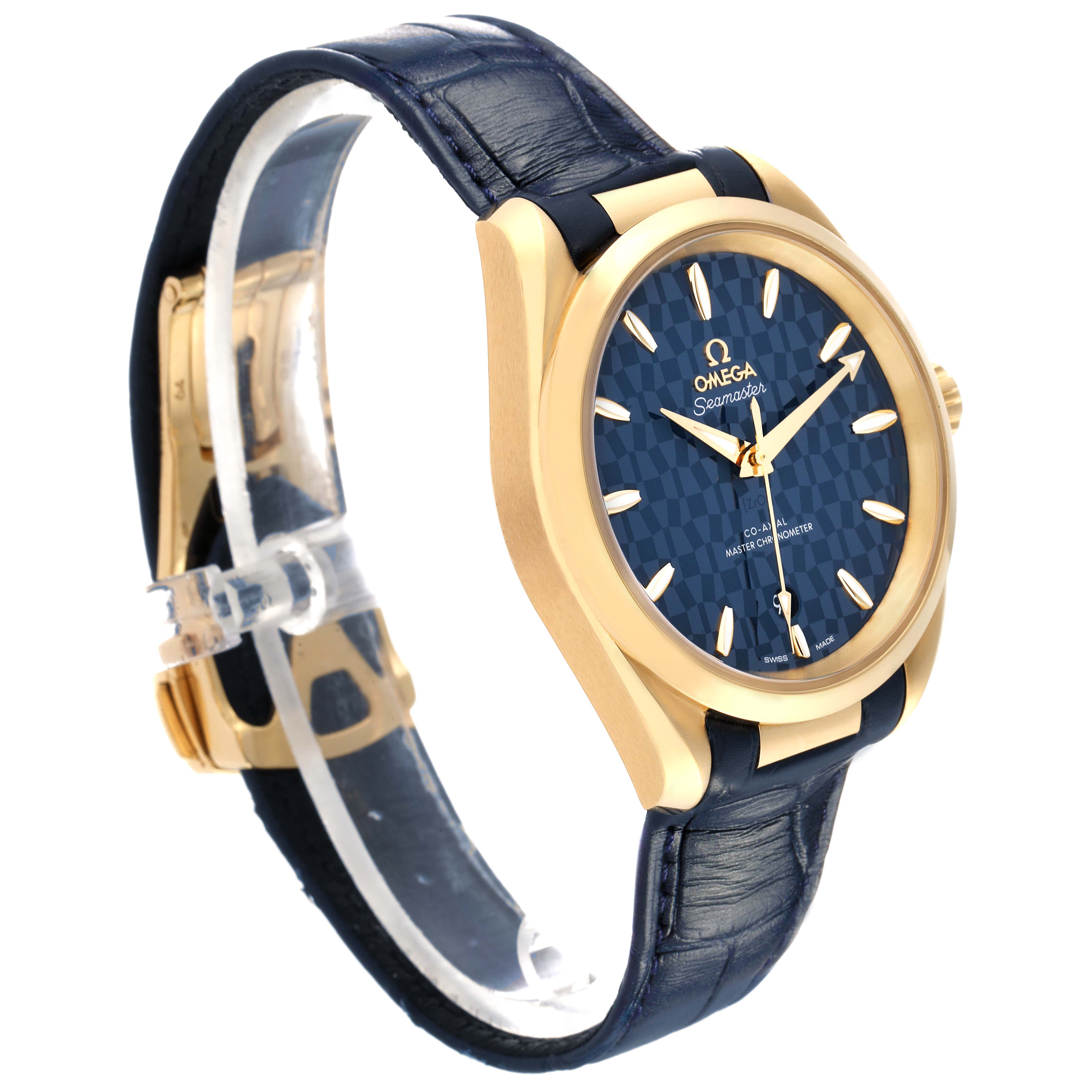The Omega Aqua Terra 522.53.38.20.03.001 Men's Yellow Gold Blue Dial watch is shown at a side angle, displaying its gold bezel, blue textured dial, and leather strap.