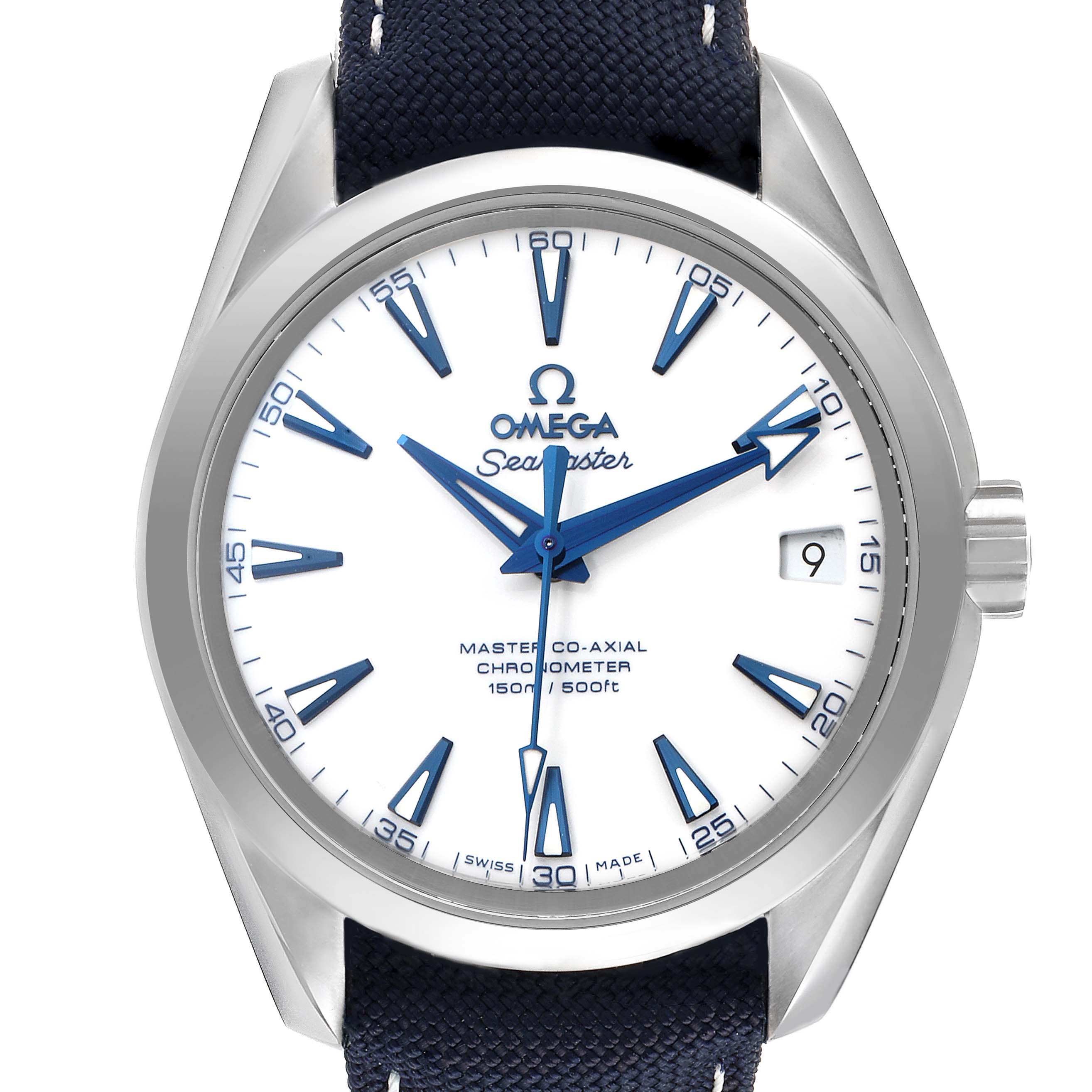 This image shows a front view of the Omega Aqua Terra 231.92.39.21.04.001 Men
s Titanium White Dial 231.92.39.21.04.001 Men
s Titanium White Dial Seamaster watch, featuring its dial, hands, and strap.