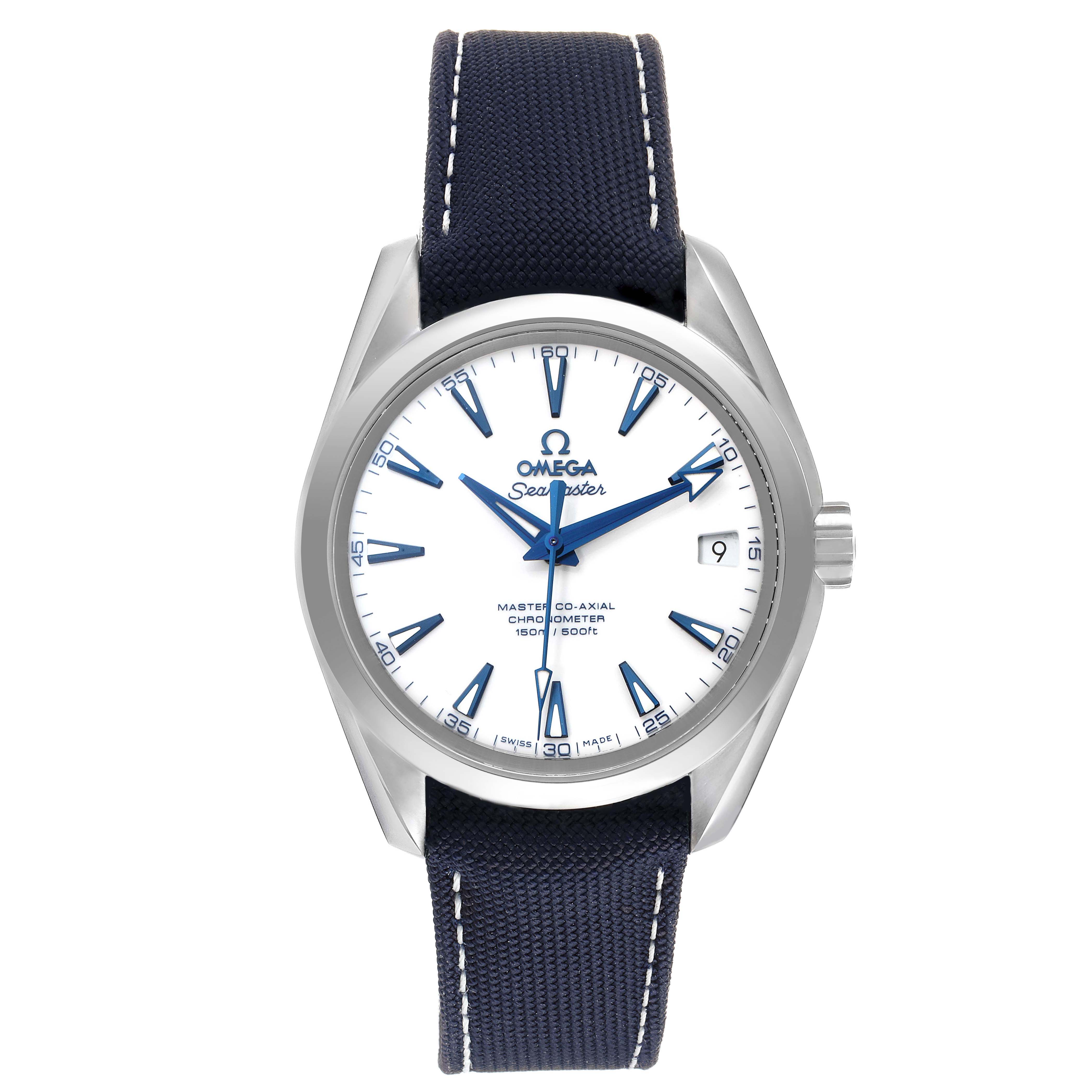The image shows a front view of an Omega Aqua Terra 231.92.39.21.04.001 Men
s Titanium White Dial 231.92.39.21.04.001 Men
s Titanium White Dial watch, featuring a white dial, blue markers, and a blue strap.