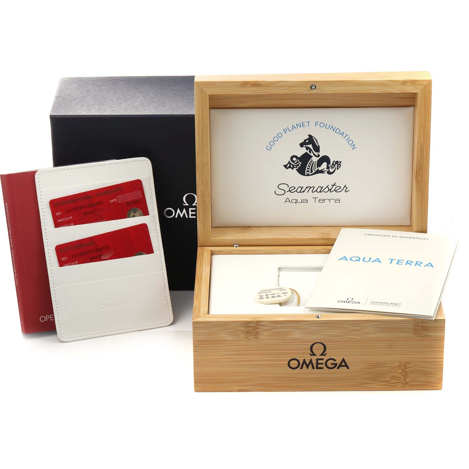 The image shows a close-up of an Omega Aqua Terra 231.92.39.21.04.001 Men
s Titanium White Dial 231.92.39.21.04.001 Men
s Titanium White Dial watch box, Best Quality
ity cards, and manual.