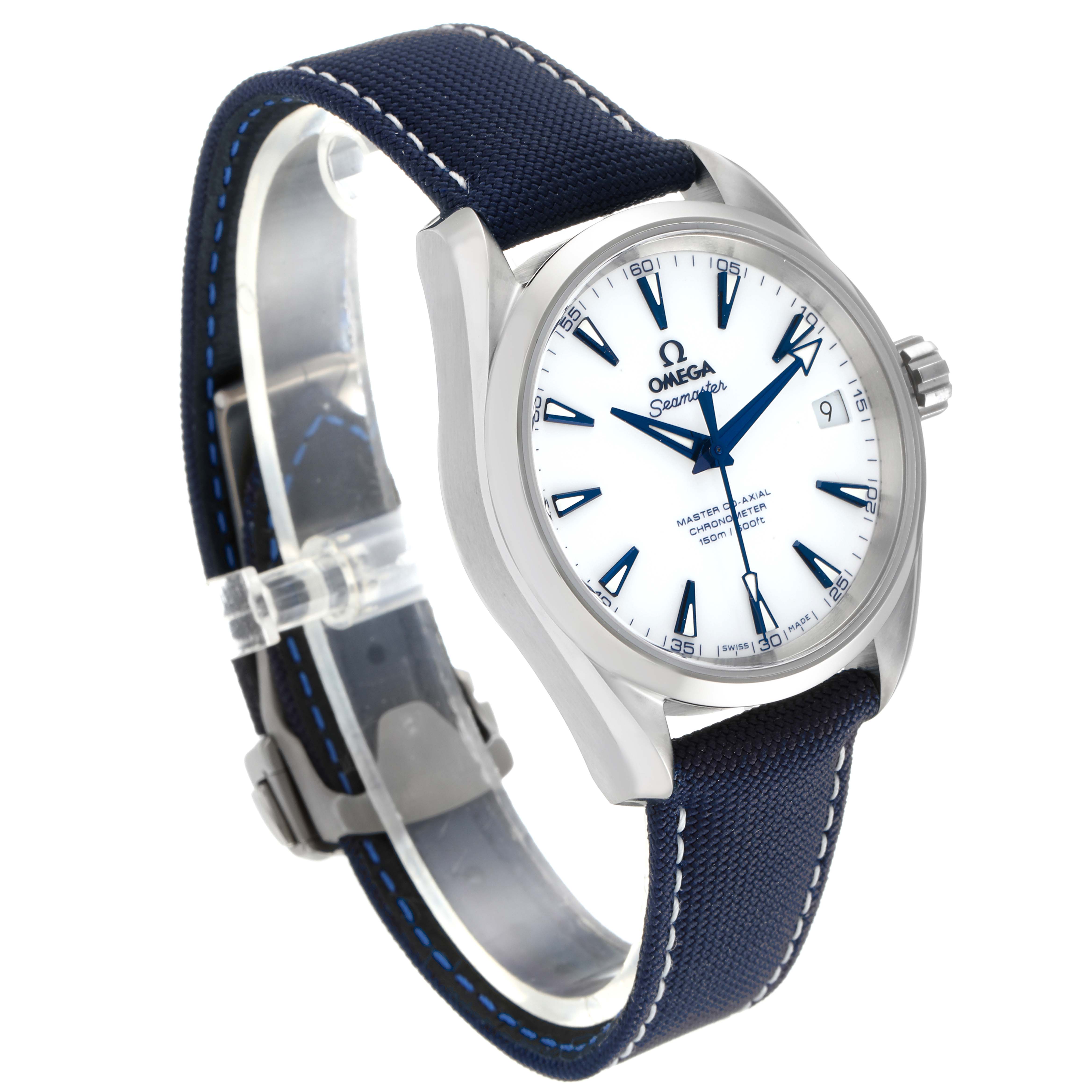The Omega Aqua Terra 231.92.39.21.04.001 Men
s Titanium White Dial 231.92.39.21.04.001 Men
s Titanium White Dial watch is shown at an angle highlighting the face, bezel, and blue strap with white stitching.