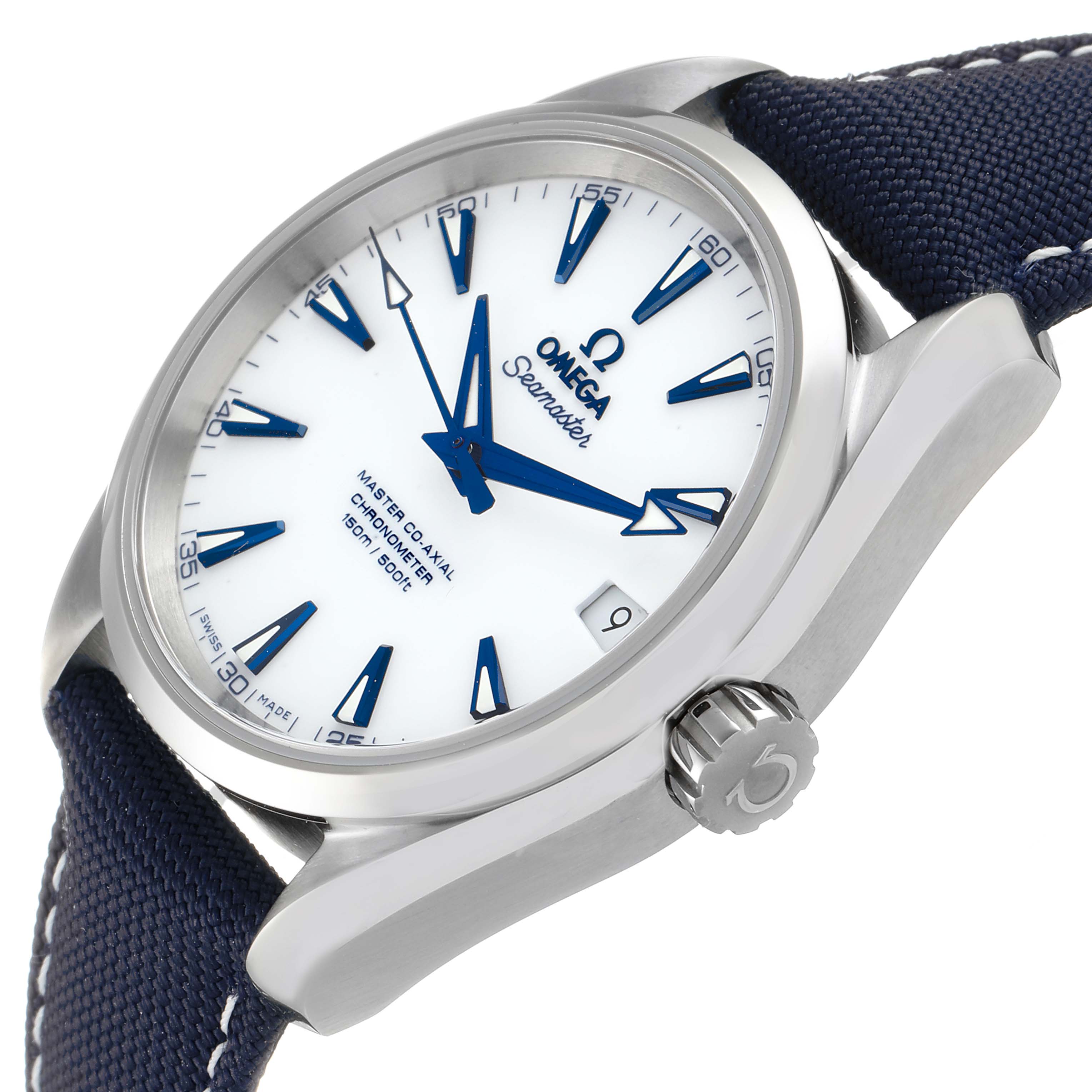 This Omega Aqua Terra 231.92.39.21.04.001 Men
s Titanium White Dial 231.92.39.21.04.001 Men
s Titanium White Dial model watch is shown at an angled view highlighting the dial, crown, and part of the strap.