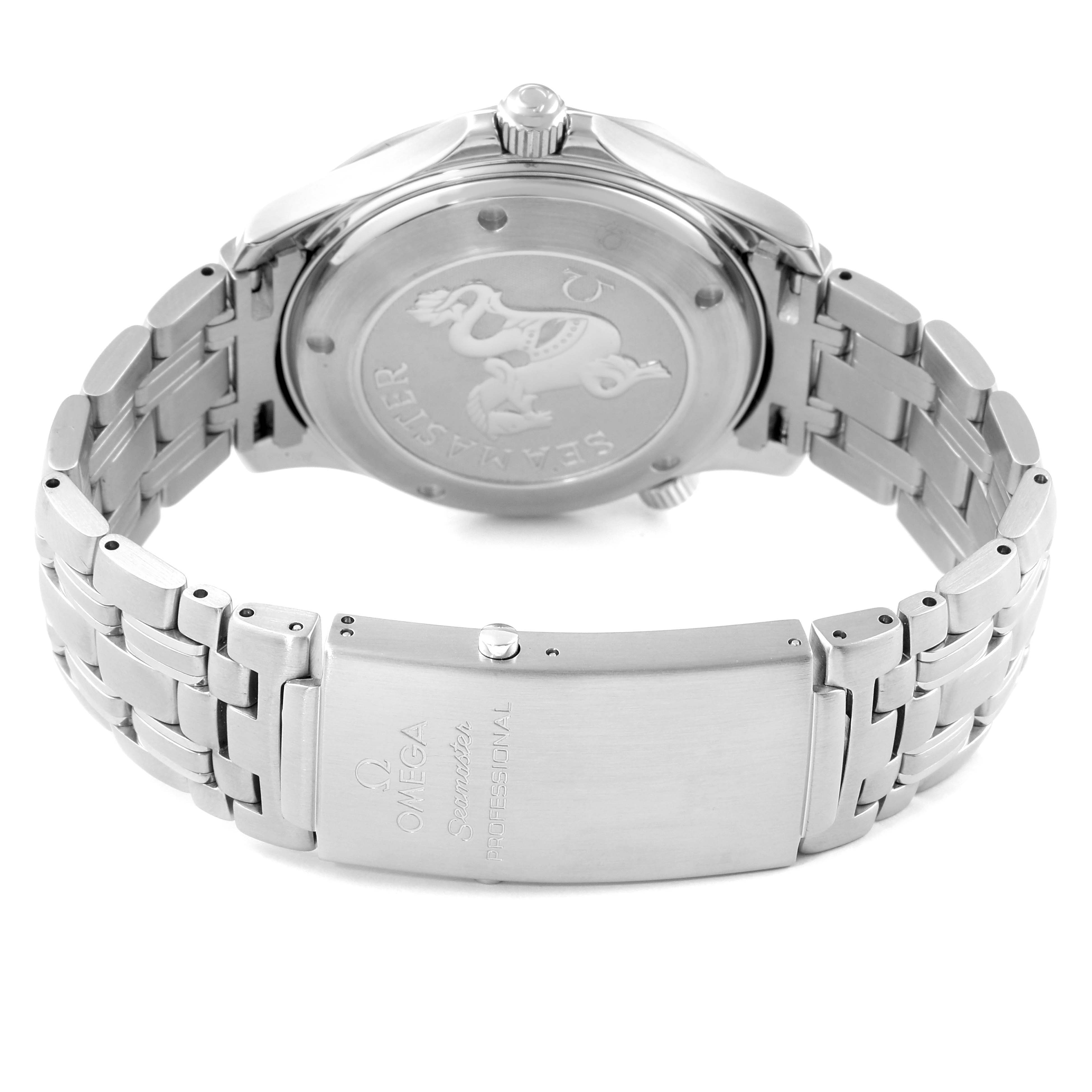 The image shows the back view of an Omega Seamaster 212.30.41.20.01.002 Men's Stainless Steel Black Dial 212.30.41.20.01.002 Men's Stainless Steel Black Dial watch, highlighting its stainless steel case back and bracelet clasp.