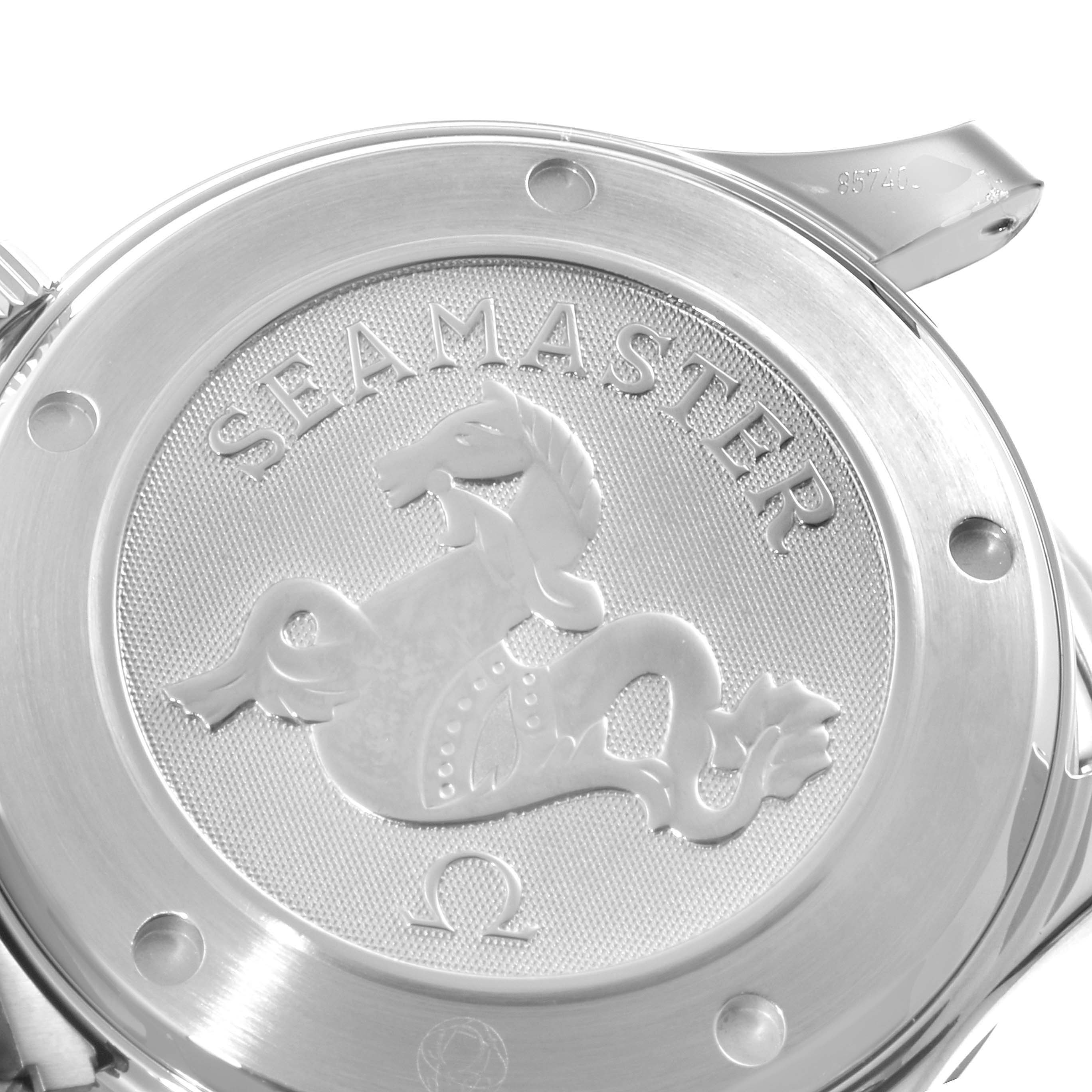 The image shows a close-up view of the case back of an Omega Seamaster 212.30.41.20.01.002 Men's Stainless Steel Black Dial 212.30.41.20.01.002 Men's Stainless Steel Black Dial watch, featuring the engraved logo and branding.