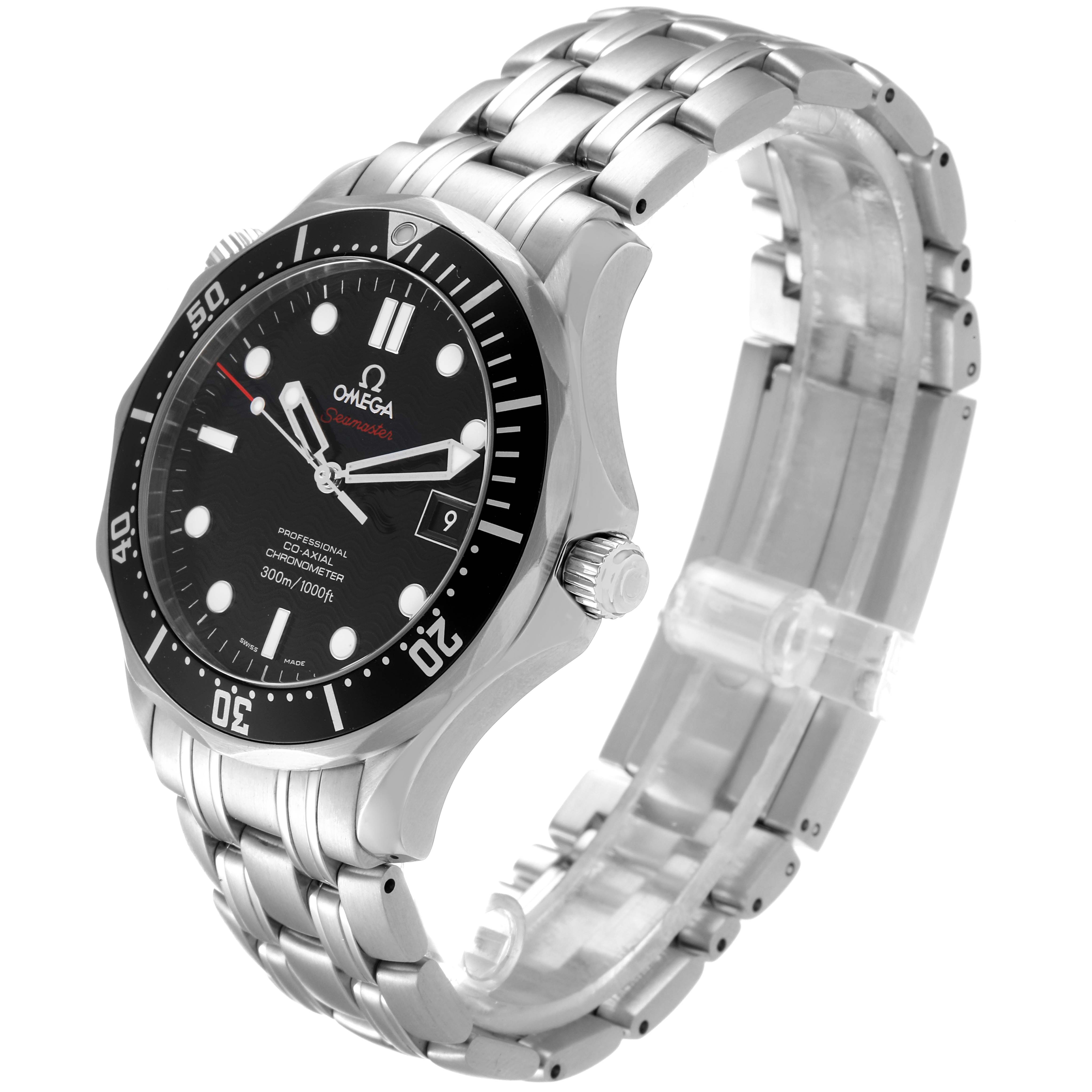 The image shows a side angle of the Omega Seamaster 212.30.41.20.01.002 Men's Stainless Steel Black Dial 212.30.41.20.01.002 Men's Stainless Steel Black Dial watch, highlighting the dial, bezel, and stainless steel bracelet.