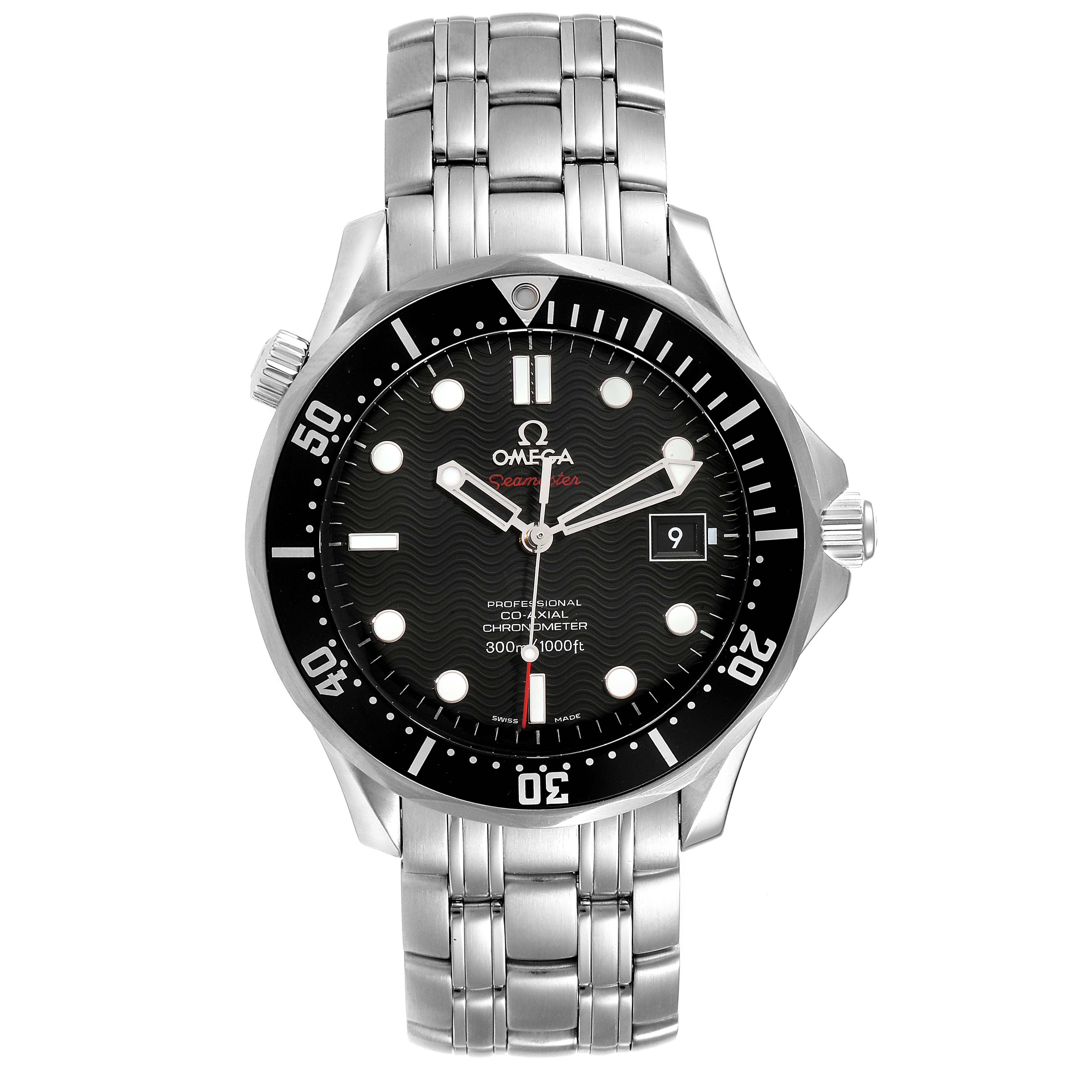 This image shows a front view of the Omega Seamaster 212.30.41.20.01.002 Men's Stainless Steel Black Dial 212.30.41.20.01.002 Men's Stainless Steel Black Dial watch, highlighting its face, bezel, bracelet, and crown.