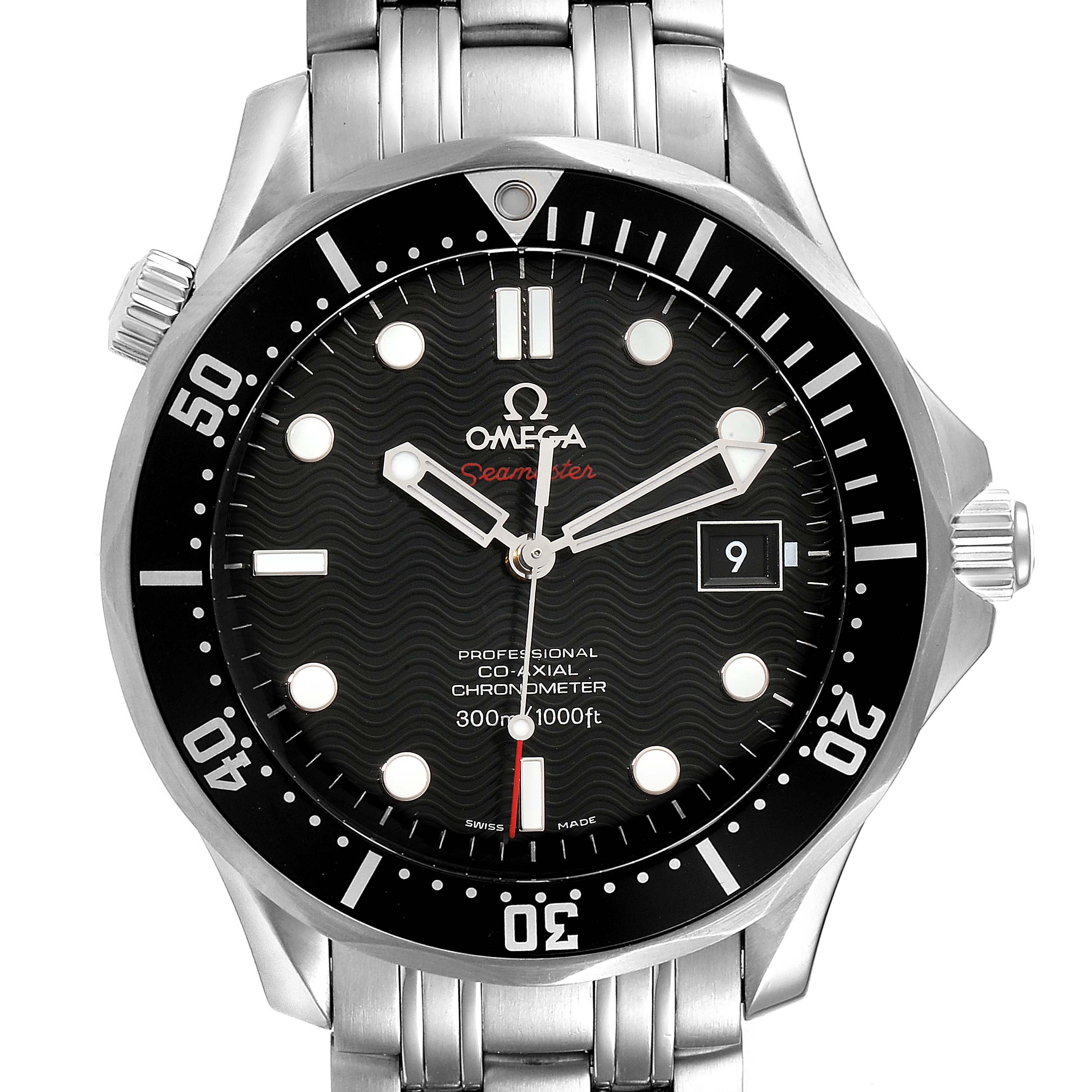 The image shows a frontal view of the Omega Seamaster 212.30.41.20.01.002 Men's Stainless Steel Black Dial 212.30.41.20.01.002 Men's Stainless Steel Black Dial watch face, including the bezel, dial, and bracelet.