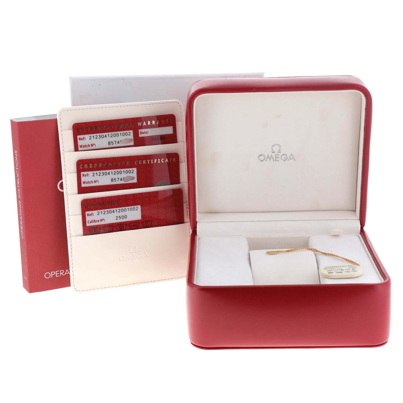 The image shows an Omega Seamaster 212.30.41.20.01.002 Men's Stainless Steel Black Dial 212.30.41.20.01.002 Men's Stainless Steel Black Dial watch box, warranty cards, and operation manual from a direct front angle.