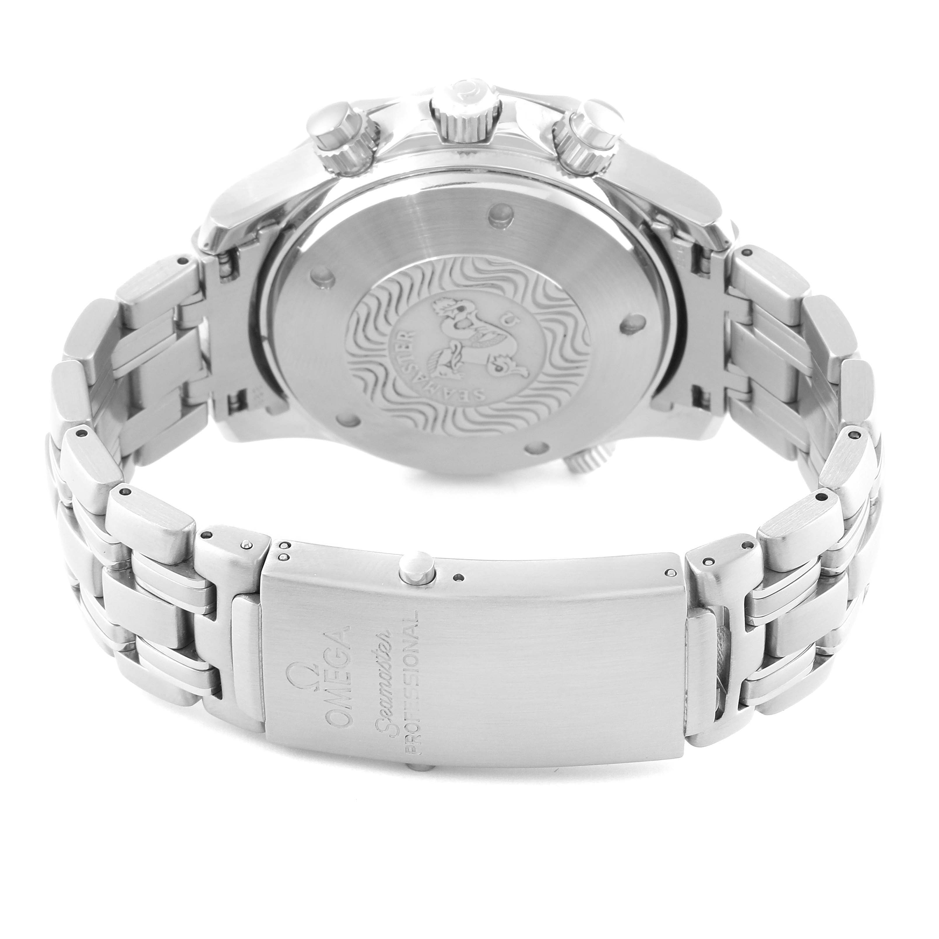 The image shows the back case and bracelet clasp of the Omega Seamaster 2599.80.00 Men's Stainless Steel Blue Dial 2599.80.00 Men's Stainless Steel Blue Dial watch, featuring its engraved logo and stainless steel design.