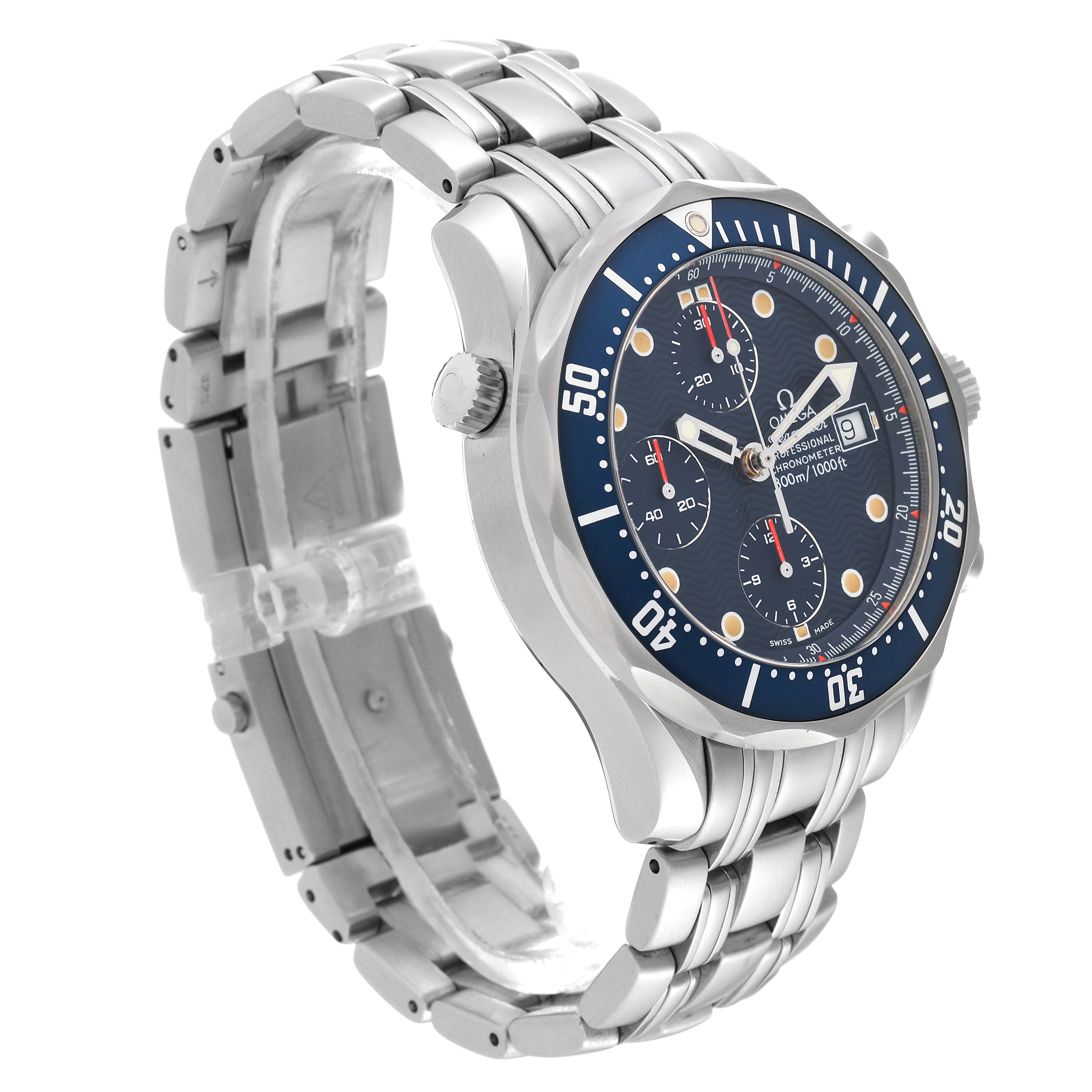 The image shows an Omega Seamaster 2599.80.00 Men's Stainless Steel Blue Dial 2599.80.00 Men's Stainless Steel Blue Dial watch at a three-quarter angle, highlighting the bezel, dial, case, and metal bracelet.