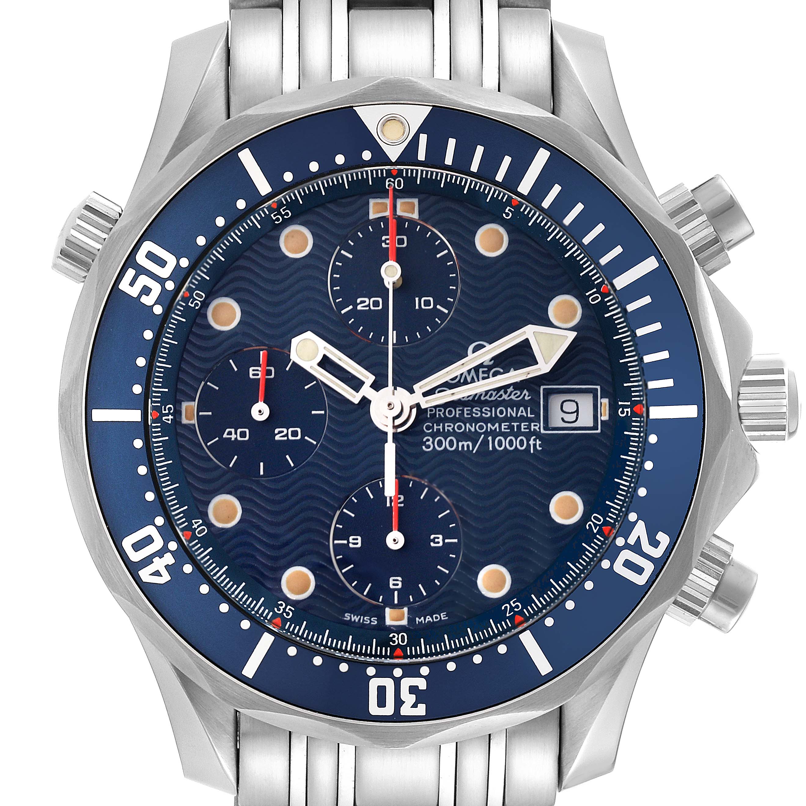 This image shows the front view of an Omega Seamaster 2599.80.00 Men's Stainless Steel Blue Dial 2599.80.00 Men's Stainless Steel Blue Dial watch, highlighting its blue dial, chronograph subdials, and stainless steel bracelet.