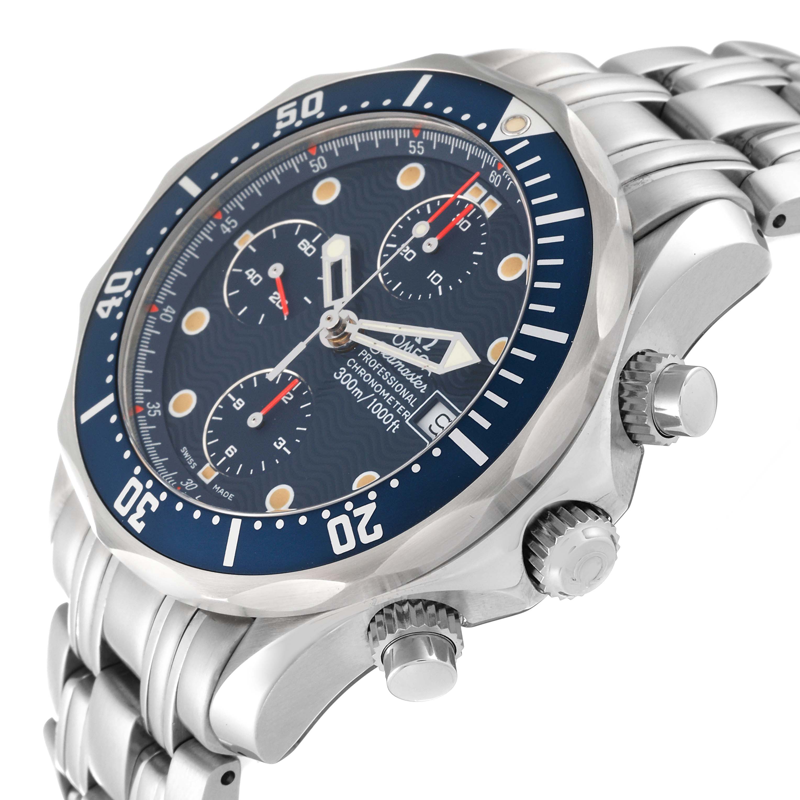 The Omega Seamaster 2599.80.00 Men's Stainless Steel Blue Dial 2599.80.00 Men's Stainless Steel Blue Dial watch is shown at an angle highlighting the dial, bezel, crown, and part of the metal bracelet.