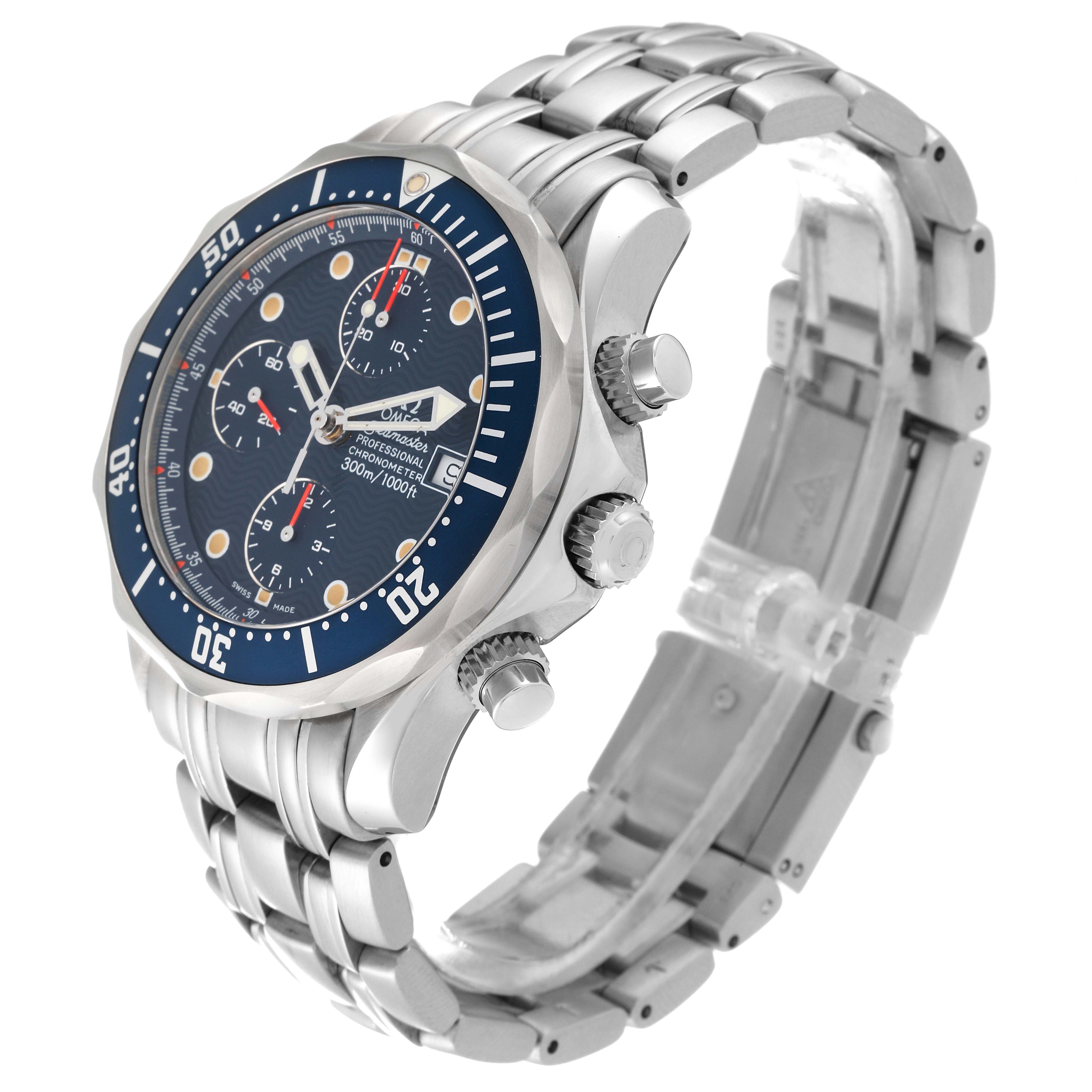 The Omega Seamaster 2599.80.00 Men's Stainless Steel Blue Dial 2599.80.00 Men's Stainless Steel Blue Dial watch is shown at a three-quarter angle displaying its face, bezel, chronograph buttons, and stainless steel bracelet.