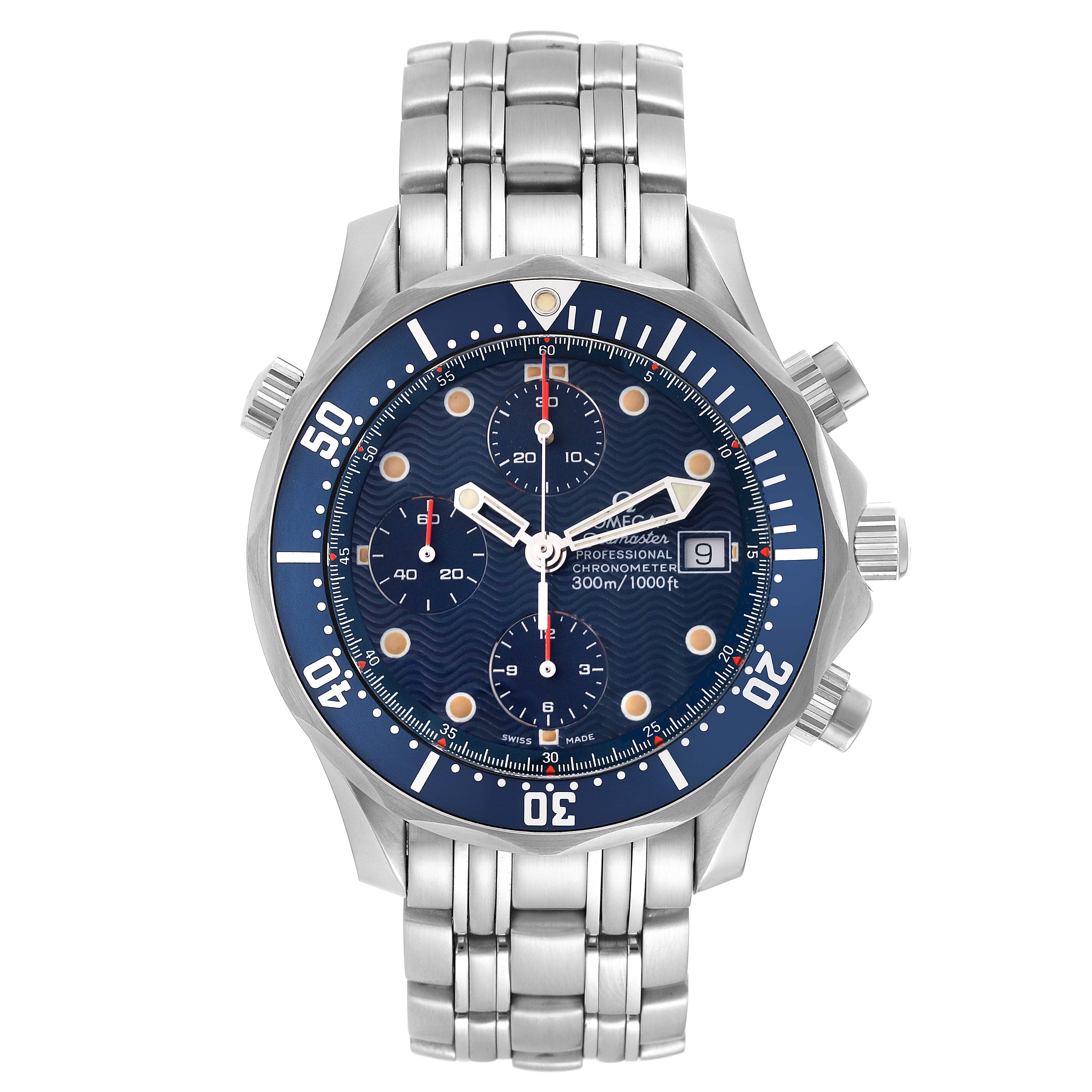 The image shows a front view of the Omega Seamaster 2599.80.00 Men's Stainless Steel Blue Dial 2599.80.00 Men's Stainless Steel Blue Dial watch, displaying its blue dial, bezel, chronograph subdials, and metal bracelet.