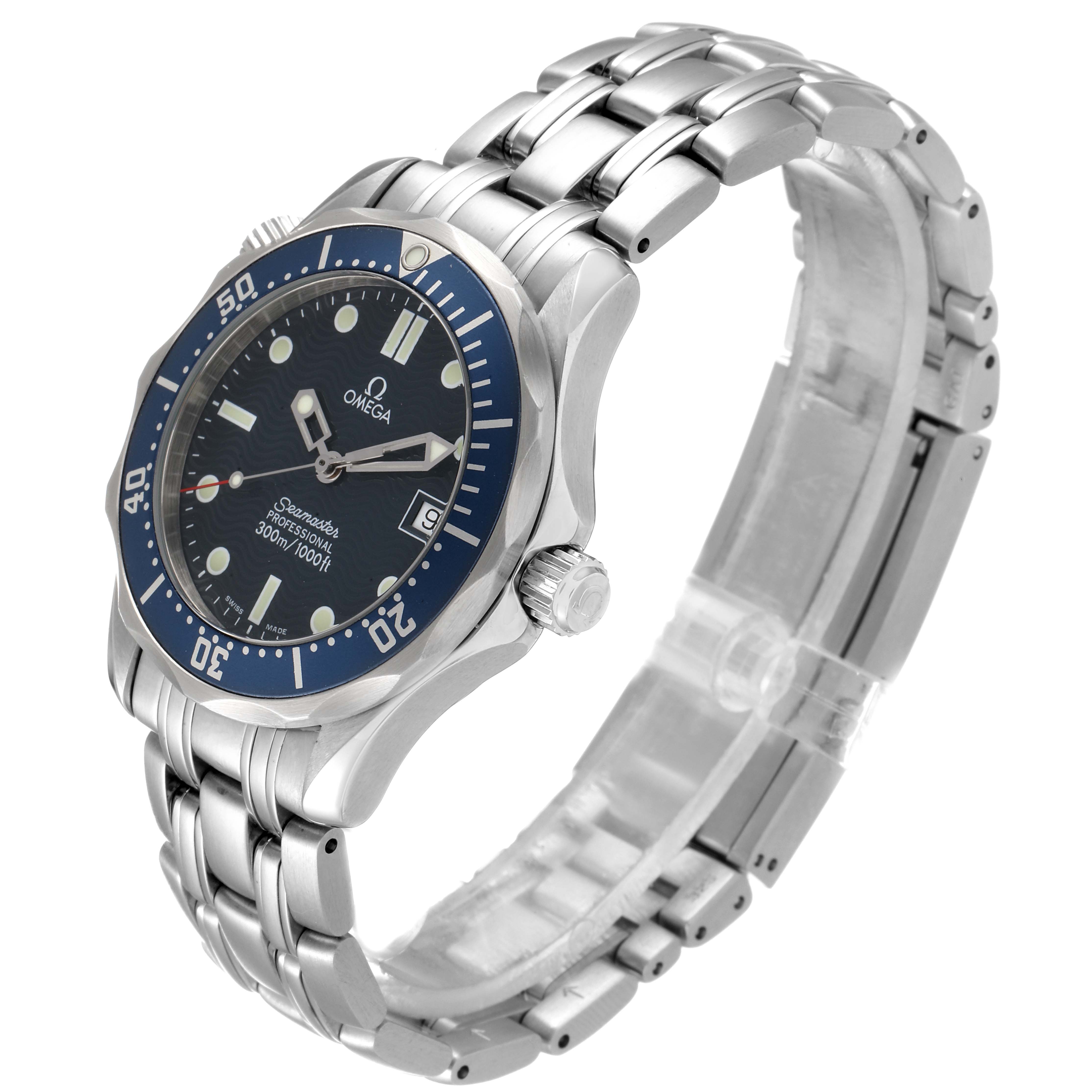 The Omega Seamaster 2561.80.00 Men
s Stainless Steel Blue Dial 2561.80.00 Men
s Stainless Steel Blue Dial watch is shown at an angled view, displaying the face, bezel, crown, and stainless steel bracelet.