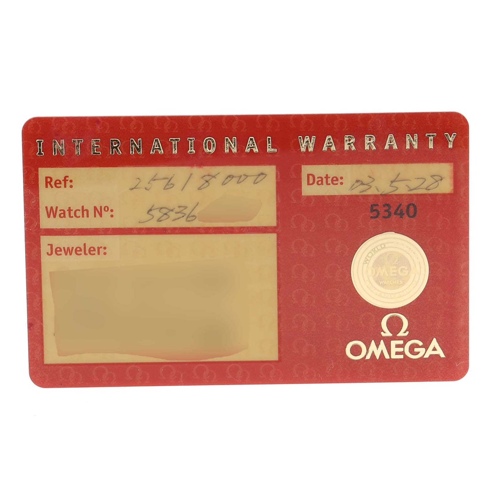 This image shows an Omega Seamaster 2561.80.00 Men
s Stainless Steel Blue Dial 2561.80.00 Men
s Stainless Steel Blue Dial International Warranty card with reference and watch numbers, a date, and a jeweler
s section.