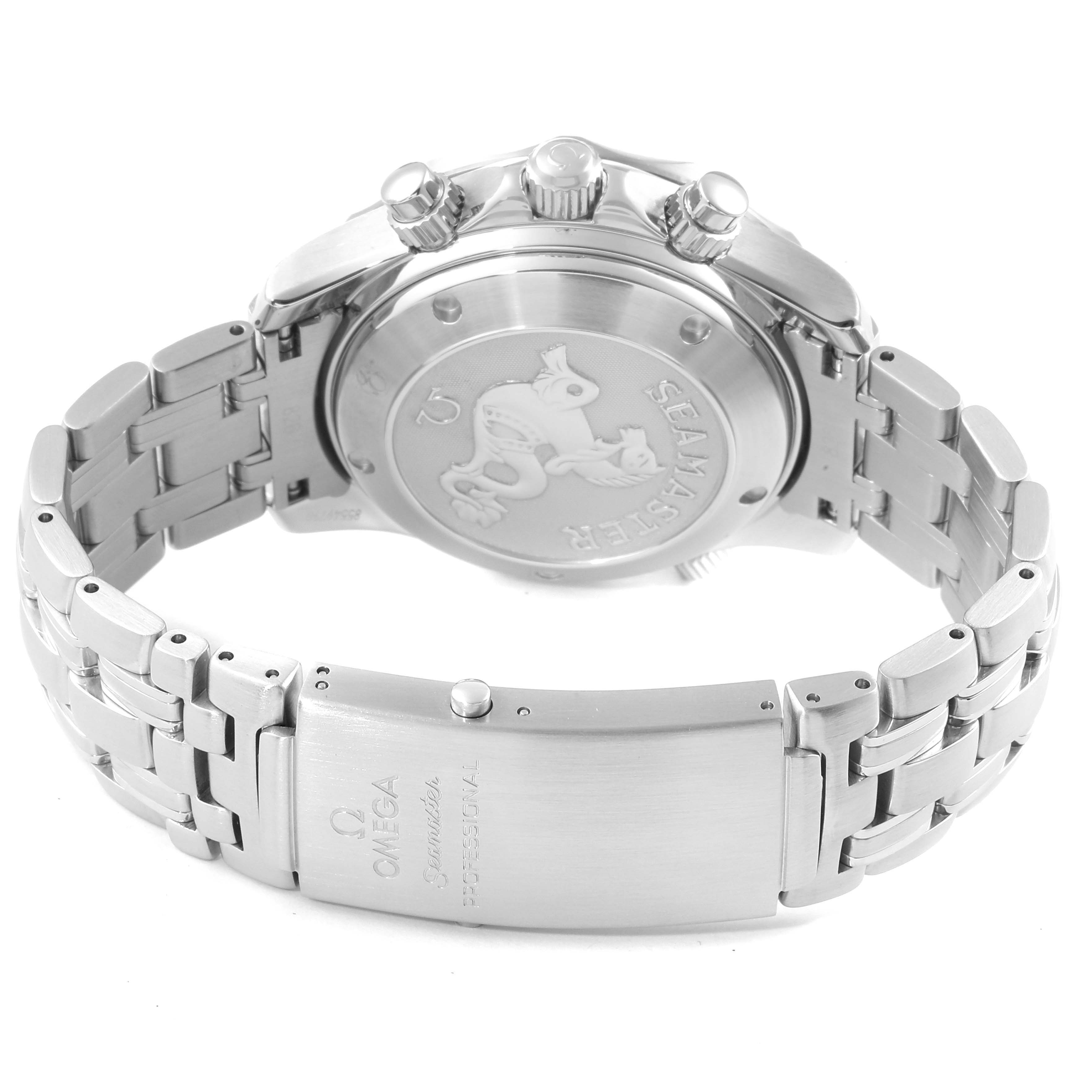 The image shows the back view of an Omega Seamaster 213.30.42.40.01.001 Men's Stainless Steel Black Dial 213.30.42.40.01.001 Men's Stainless Steel Black Dial watch, featuring the clasp, case back, and side buttons.