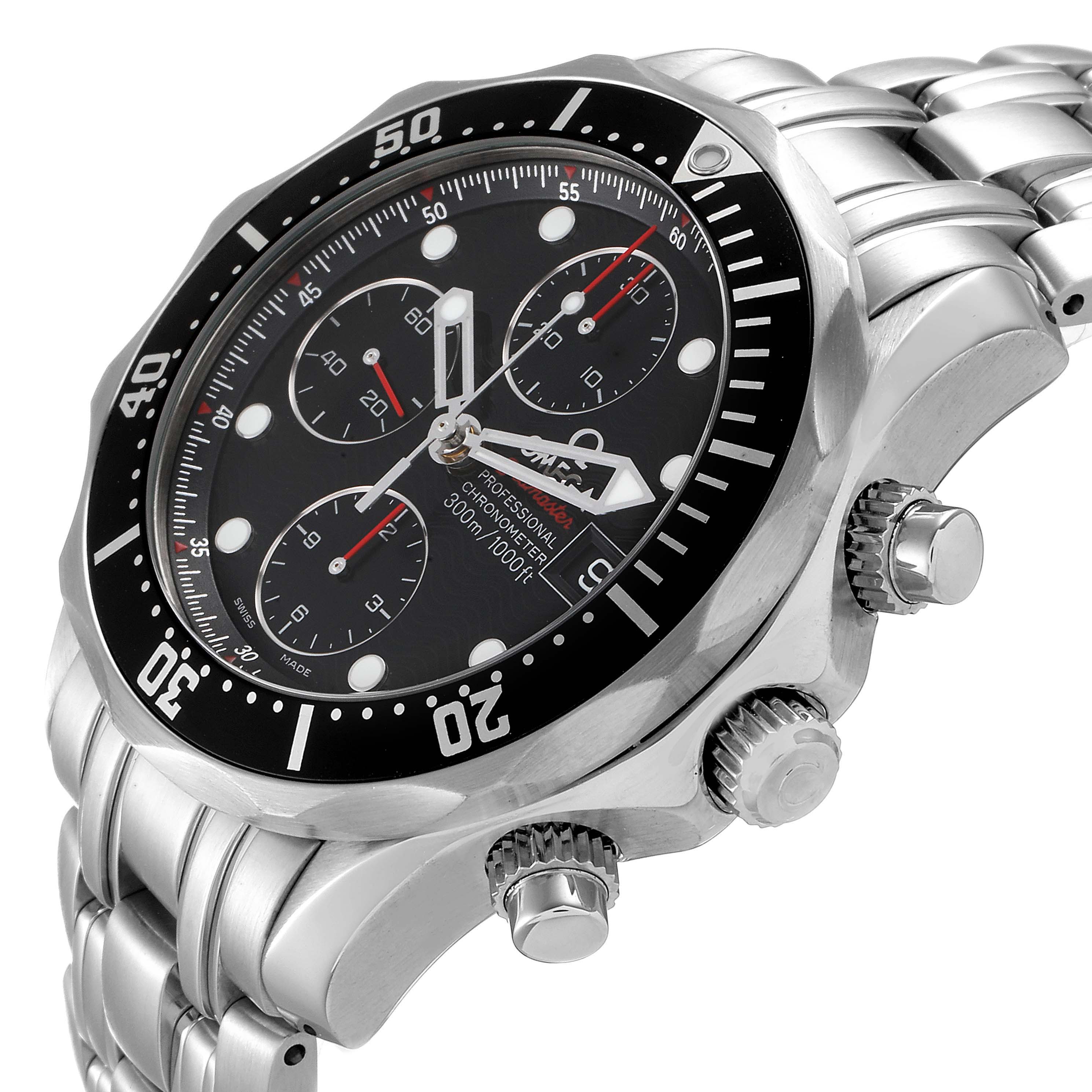 The image shows an angled side view of the Omega Seamaster 213.30.42.40.01.001 Men's Stainless Steel Black Dial 213.30.42.40.01.001 Men's Stainless Steel Black Dial watch, including its bezel, dial, crown, and stainless steel bracelet.