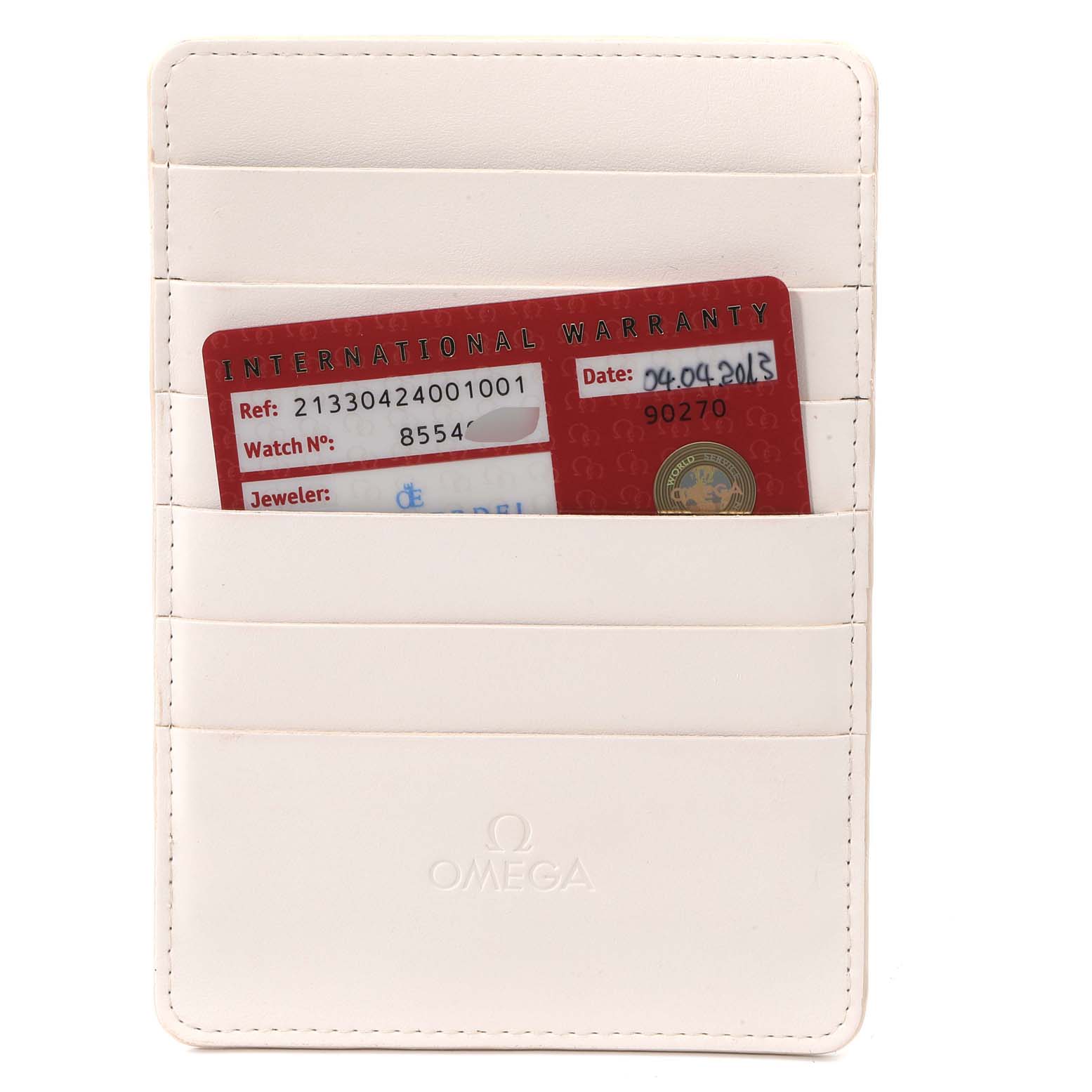 The image shows an Omega Seamaster 213.30.42.40.01.001 Men's Stainless Steel Black Dial 213.30.42.40.01.001 Men's Stainless Steel Black Dial watch's international warranty card in a white cardholder.