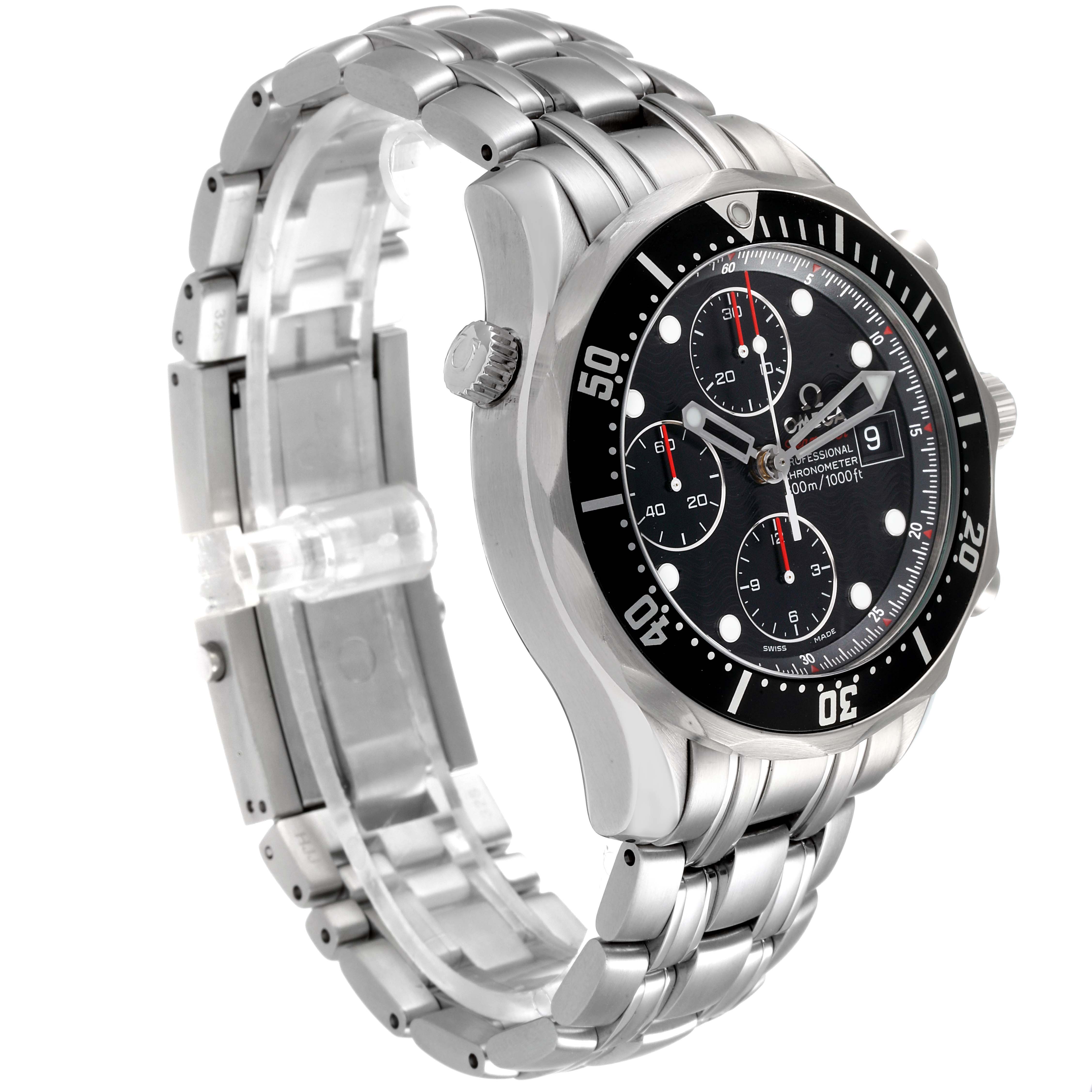 The image shows an angled side view of an Omega Seamaster 213.30.42.40.01.001 Men's Stainless Steel Black Dial 213.30.42.40.01.001 Men's Stainless Steel Black Dial watch, highlighting its stainless steel bracelet and bezel.