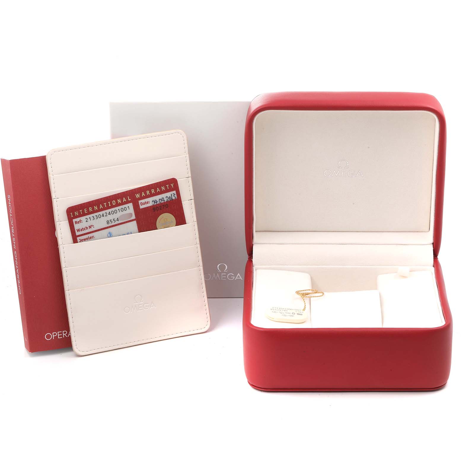 The image shows the watch box, warranty card holder with cards, and other accessories for an Omega Seamaster 213.30.42.40.01.001 Men's Stainless Steel Black Dial 213.30.42.40.01.001 Men's Stainless Steel Black Dial model.