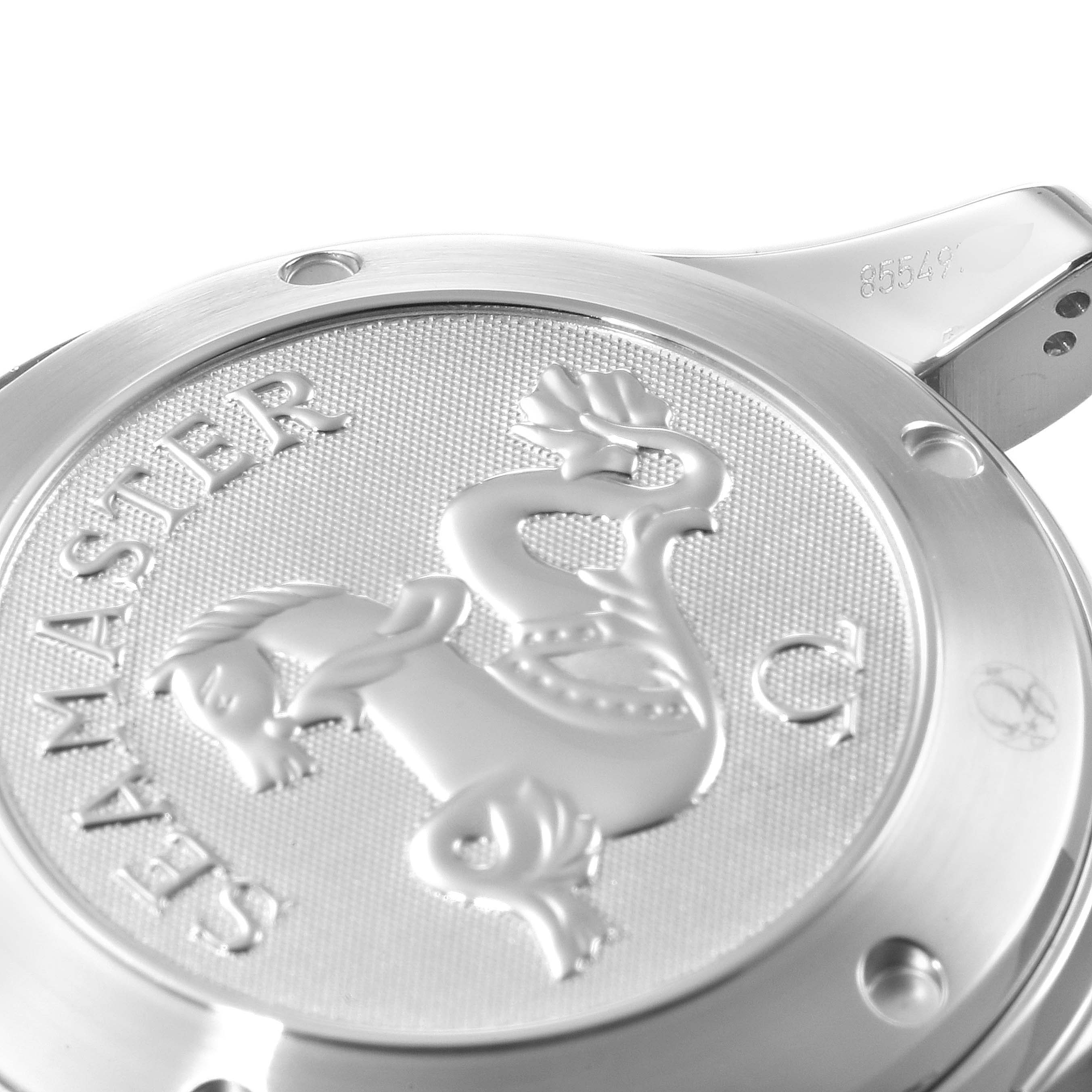 The image shows the case back of an Omega Seamaster 213.30.42.40.01.001 Men's Stainless Steel Black Dial 213.30.42.40.01.001 Men's Stainless Steel Black Dial watch, featuring the engraved Seamaster logo.