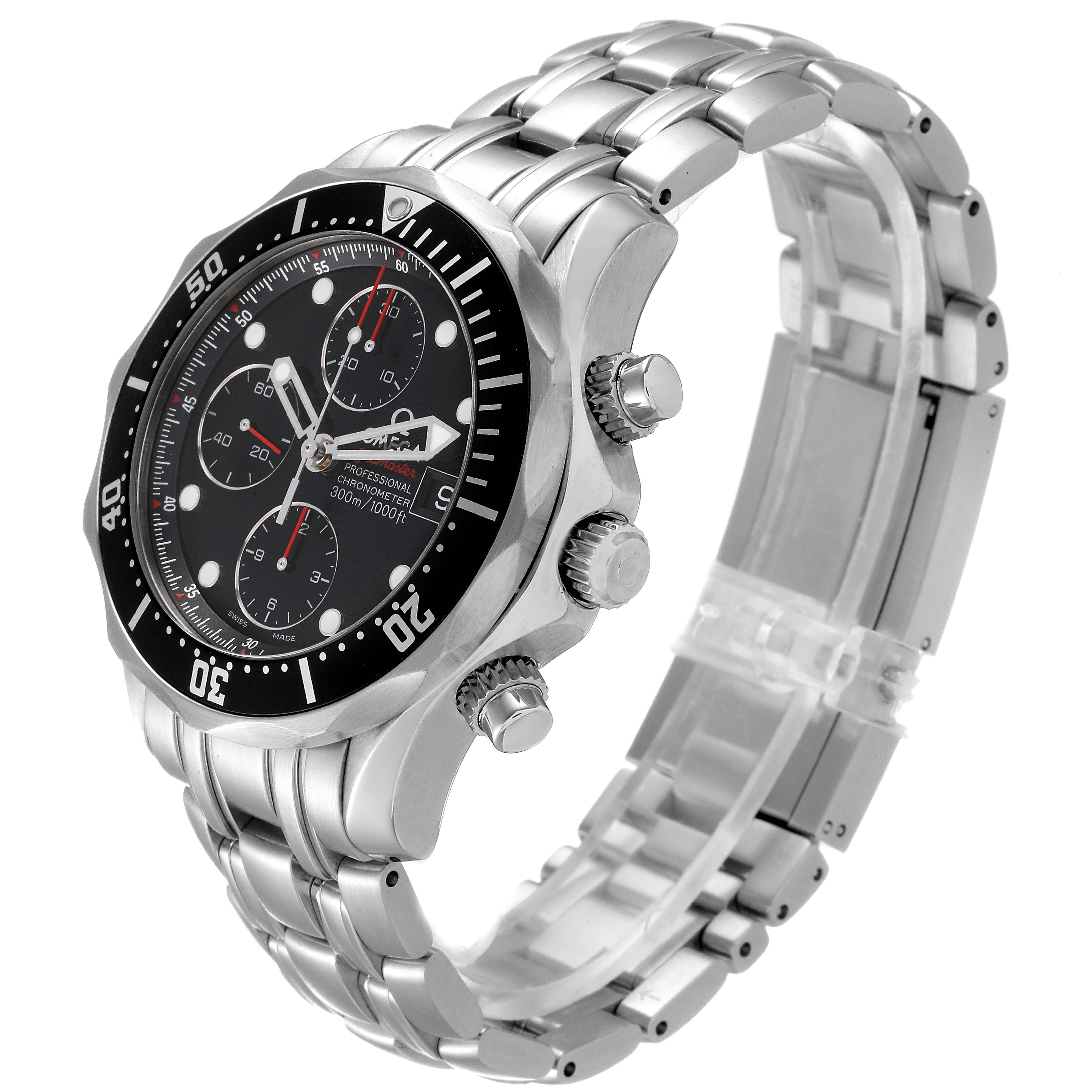 This image shows a side-angle view of the Omega Seamaster 213.30.42.40.01.001 Men's Stainless Steel Black Dial 213.30.42.40.01.001 Men's Stainless Steel Black Dial watch, highlighting its face, bezel, crown, pushers, and stainless steel bracelet.