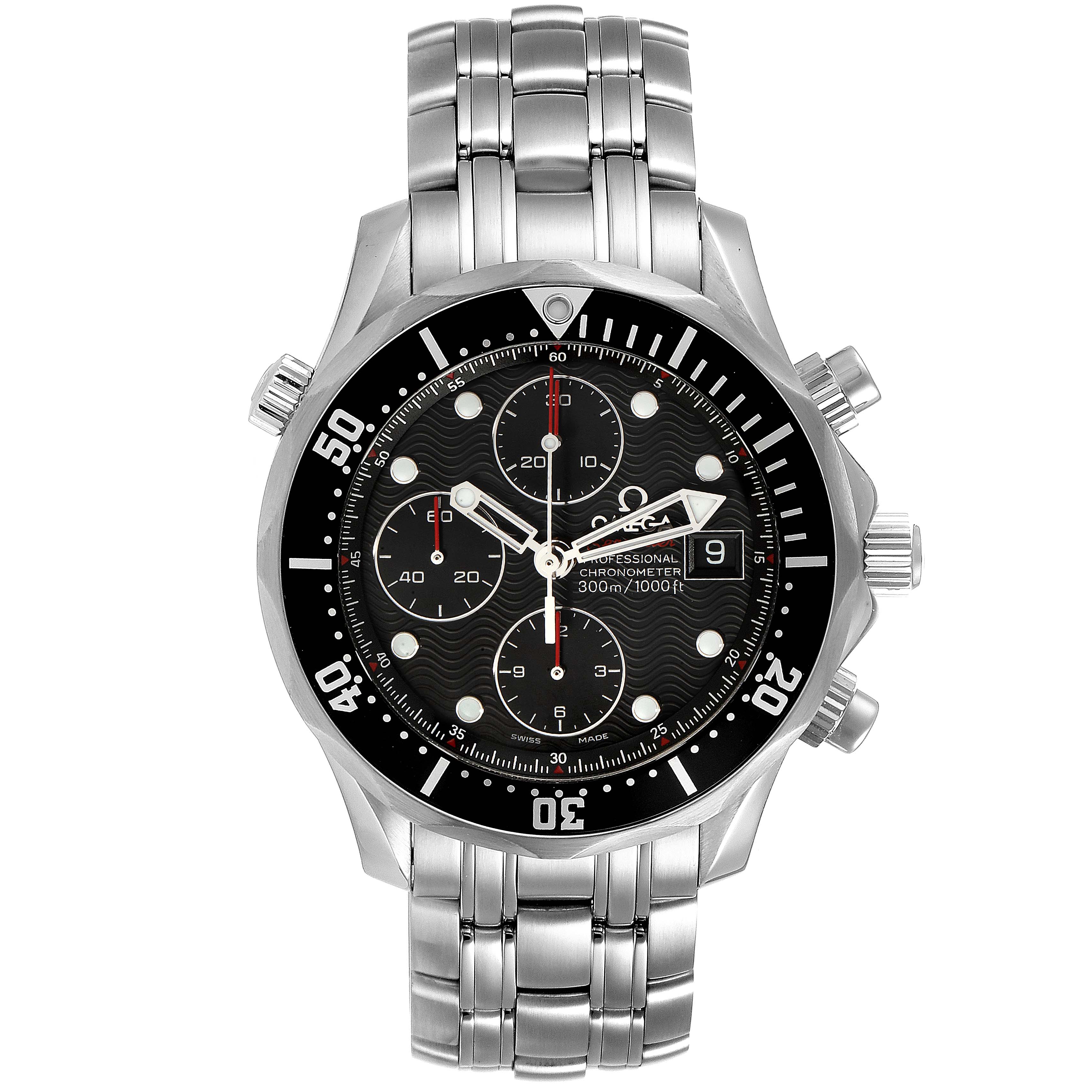 The Omega Seamaster 213.30.42.40.01.001 Men's Stainless Steel Black Dial 213.30.42.40.01.001 Men's Stainless Steel Black Dial watch is shown from a front angle, displaying its face, bezel, chronograph dials, and bracelet.