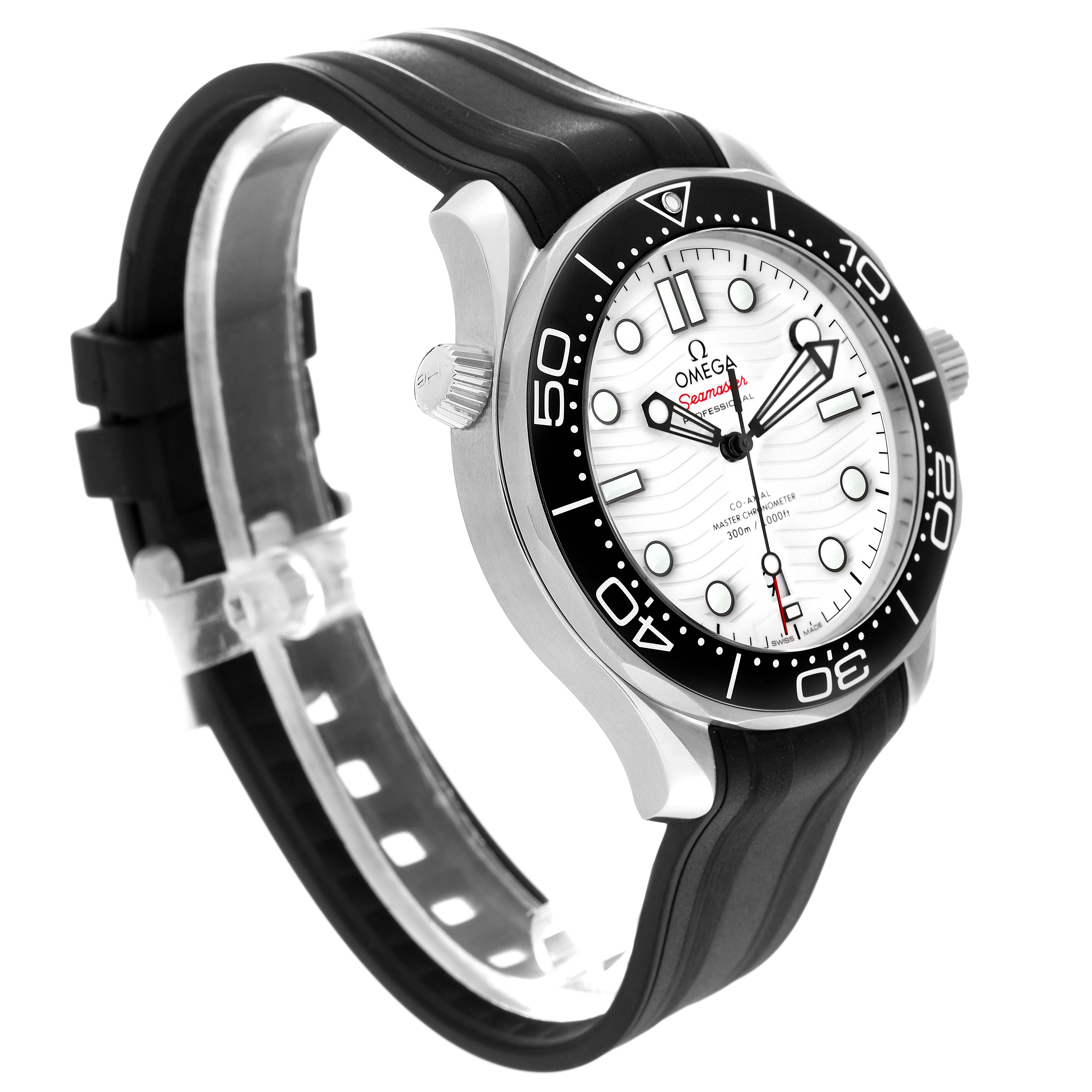 The Omega Seamaster 210.32.42.20.04.001 Men
s Stainless Steel White Dial 210.32.42.20.04.001 Men
s Stainless Steel White Dial is shown at a slight side angle, highlighting its black bezel, white dial, and black rubber strap.