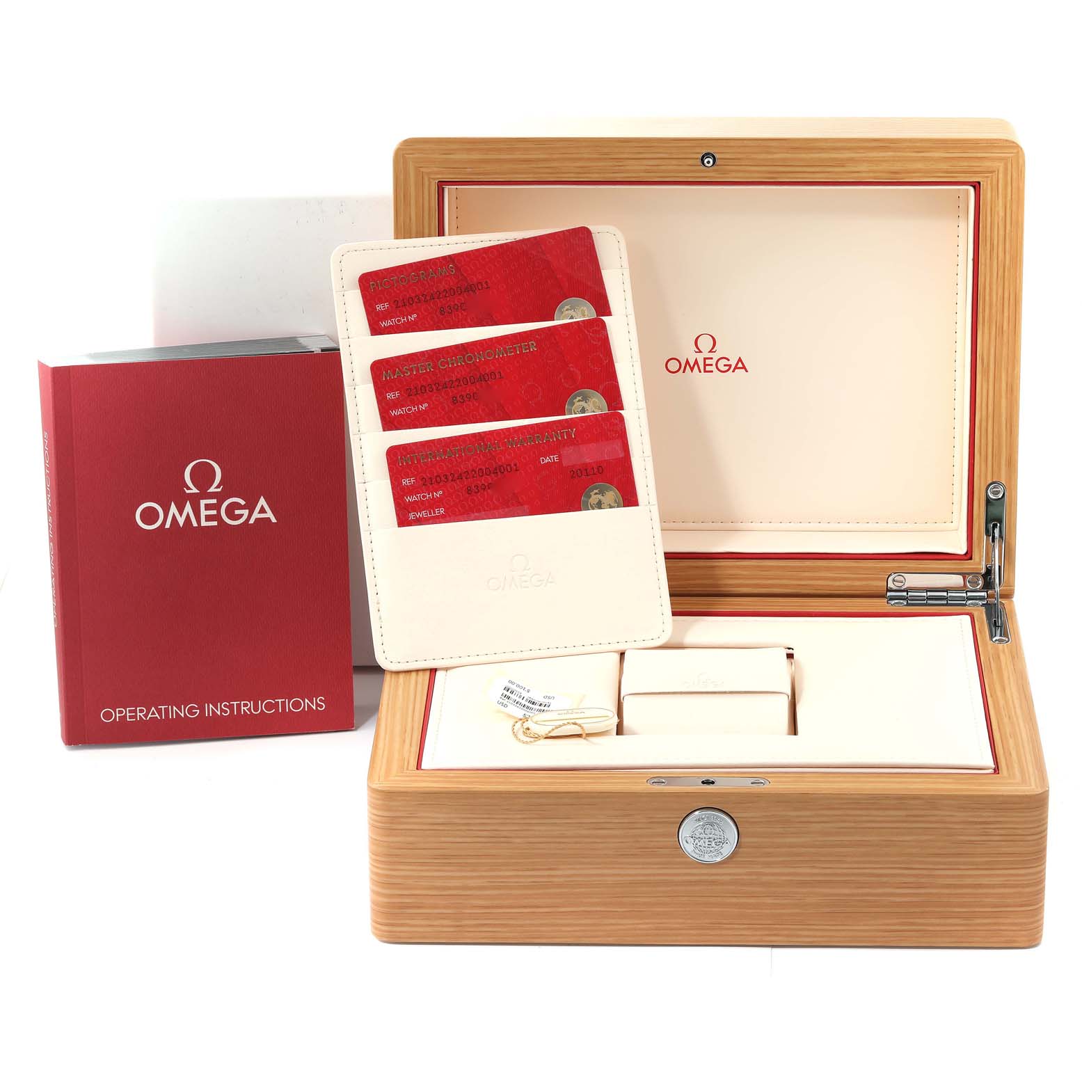 The image shows an Omega Seamaster 210.32.42.20.04.001 Men
s Stainless Steel White Dial 210.32.42.20.04.001 Men
s Stainless Steel White Dial watch box, warranty cards, and operating instructions from a front angle.
