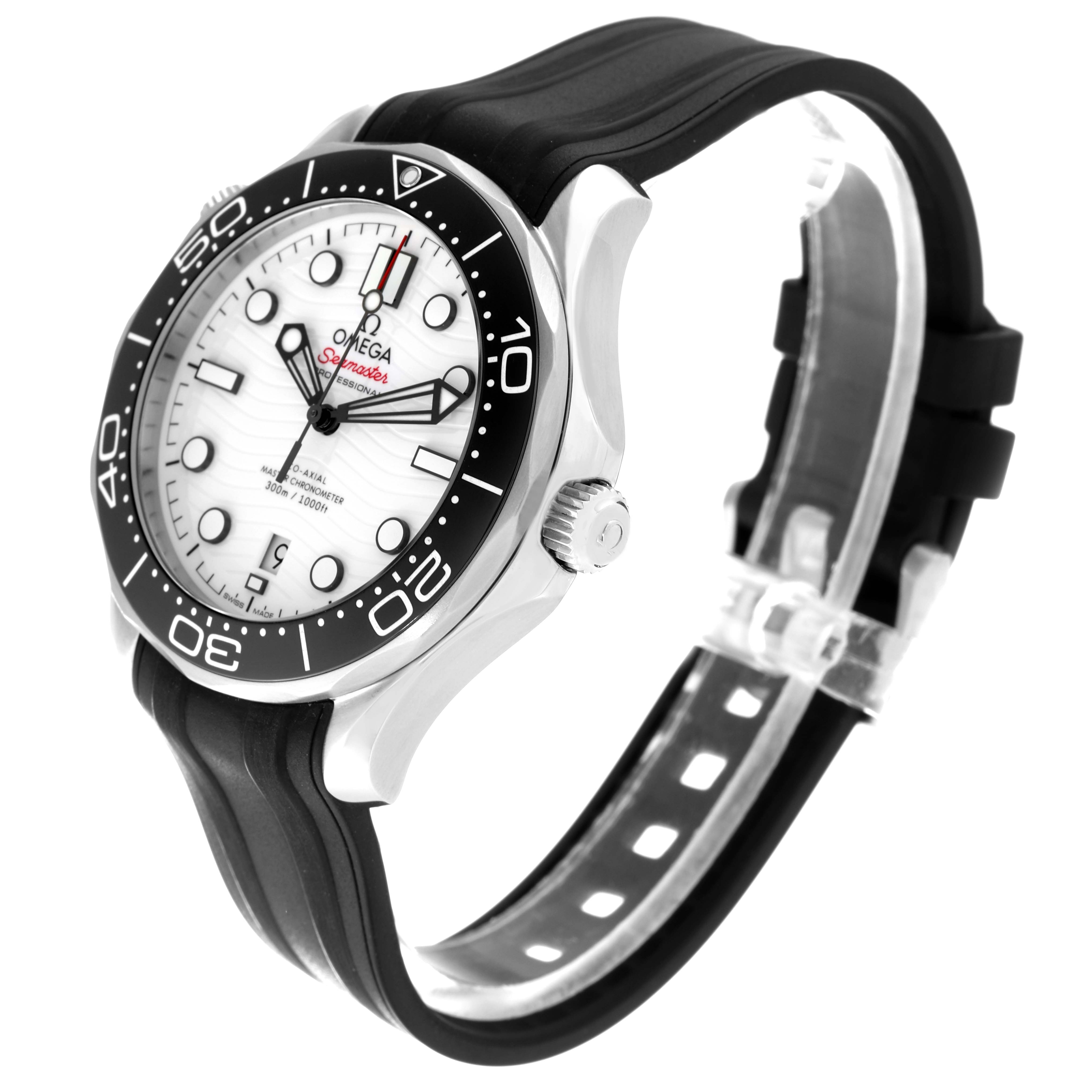 The image shows an Omega Seamaster 210.32.42.20.04.001 Men
s Stainless Steel White Dial 210.32.42.20.04.001 Men
s Stainless Steel White Dial watch from a 3/4 angle, displaying the face, crown, bezel, and part of the black strap.