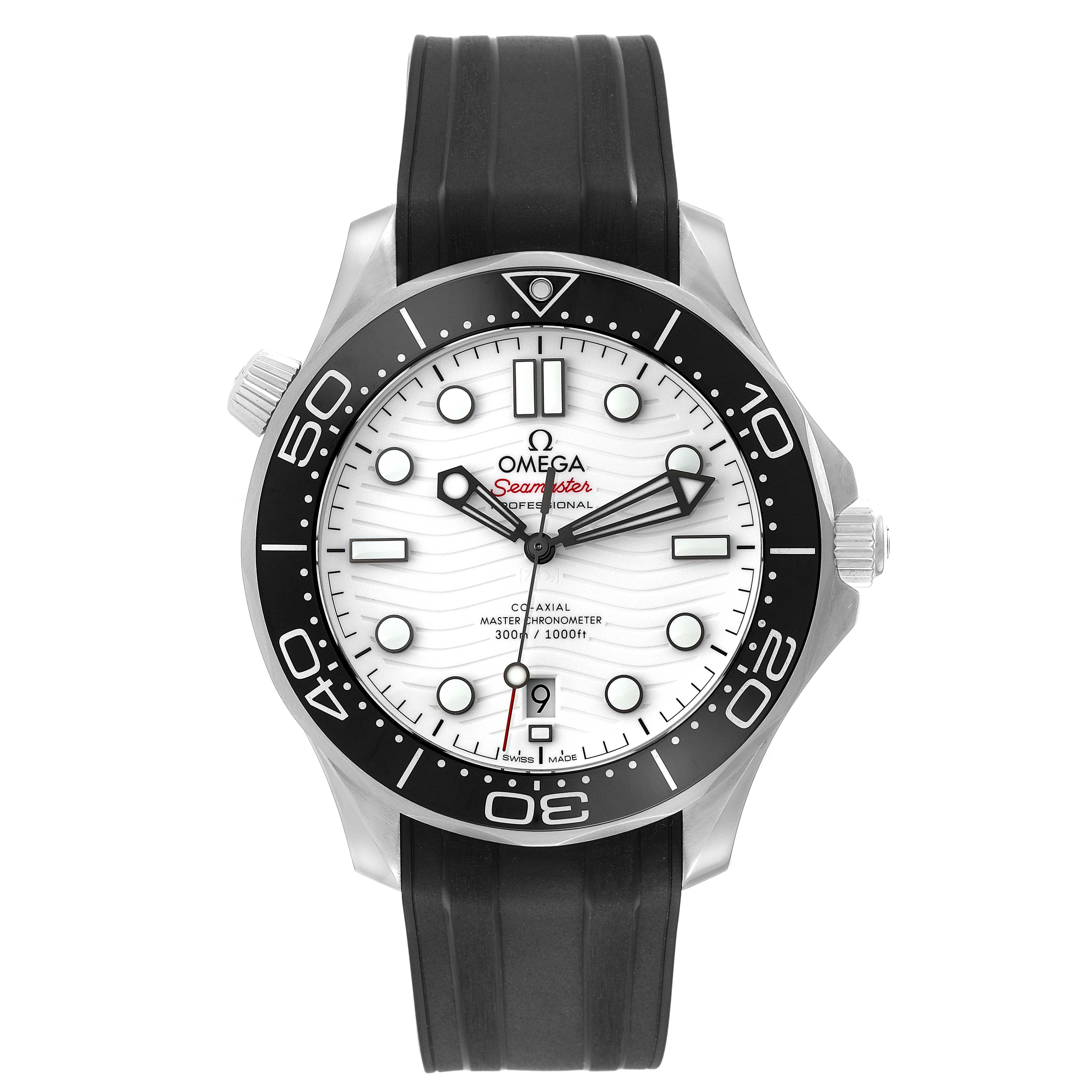 The image shows a front view of an Omega Seamaster 210.32.42.20.04.001 Men
s Stainless Steel White Dial 210.32.42.20.04.001 Men
s Stainless Steel White Dial watch, highlighting its face, bezel, and black rubber strap.
