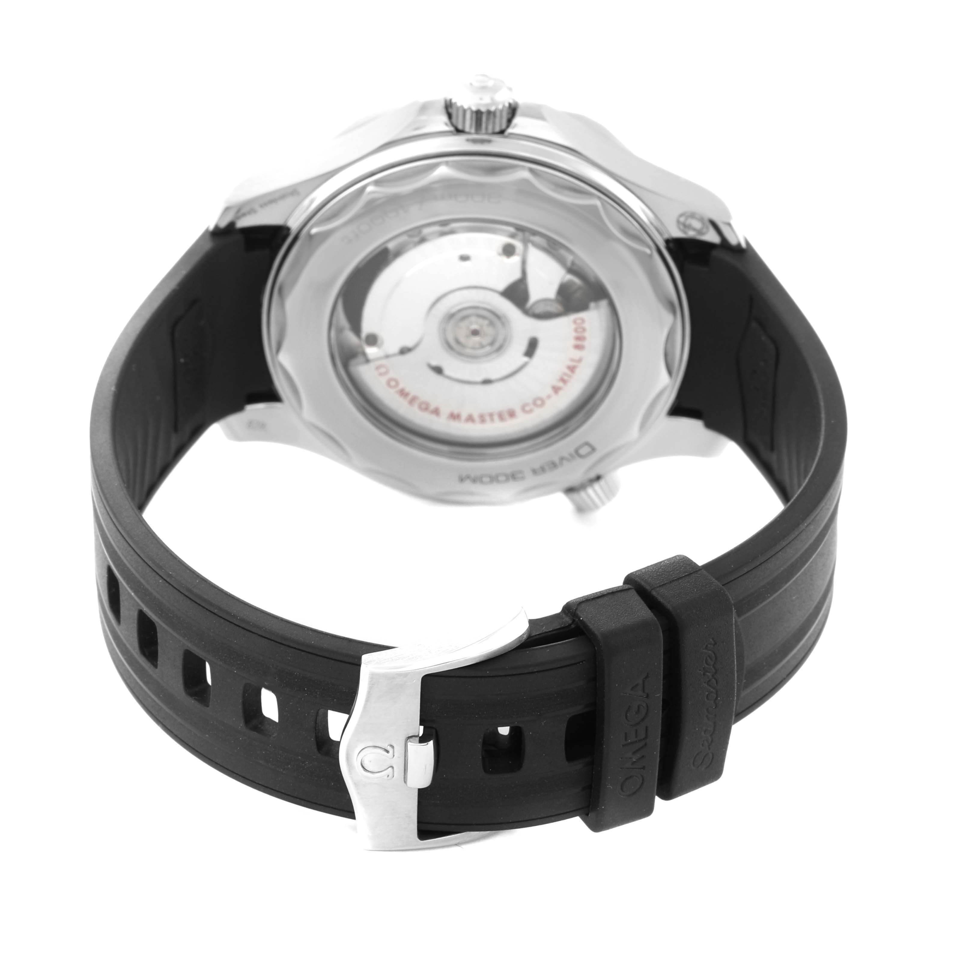 The image shows the back angle of an Omega Seamaster 210.32.42.20.04.001 Men
s Stainless Steel White Dial 210.32.42.20.04.001 Men
s Stainless Steel White Dial watch, featuring its transparent case back and black rubber strap.