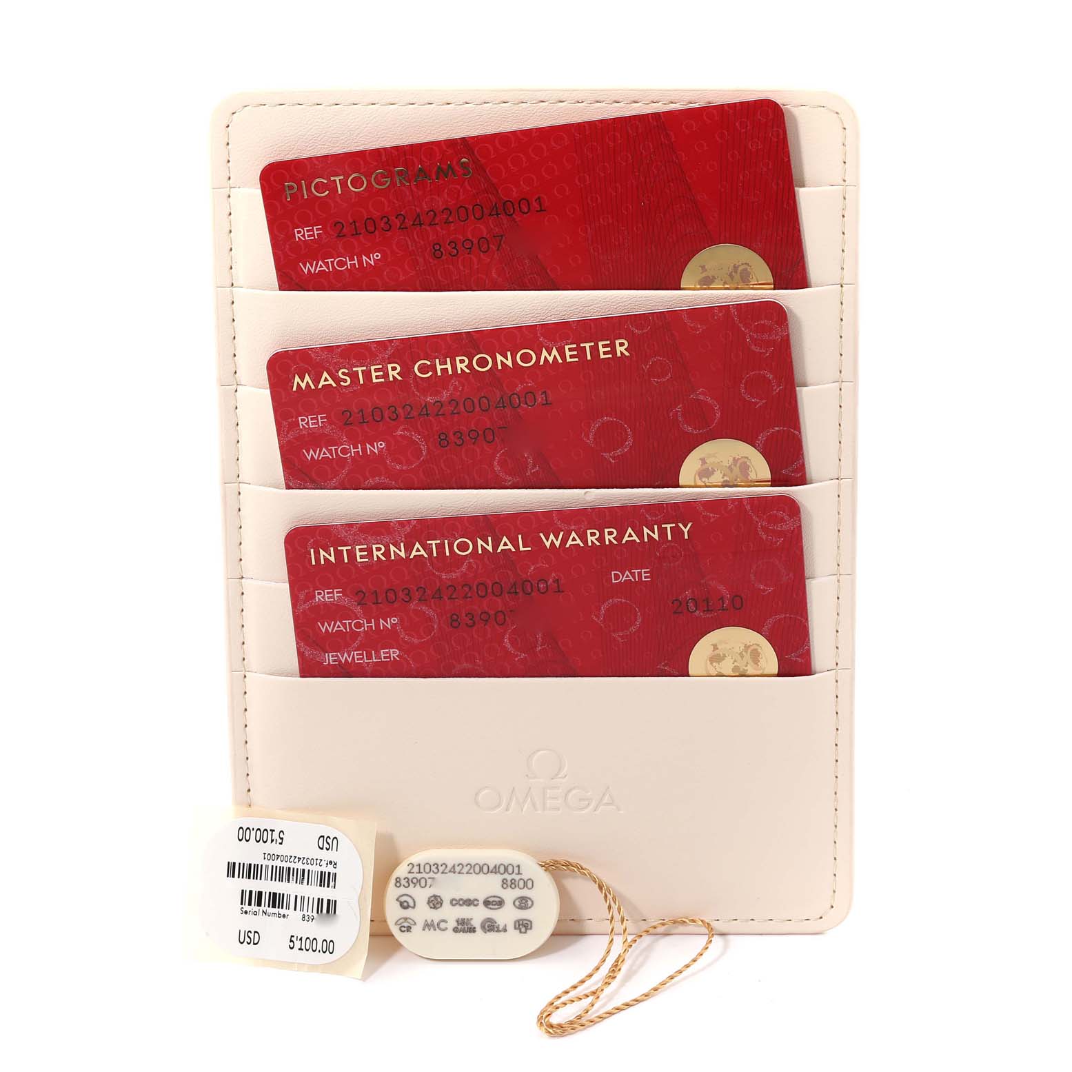 The image shows Omega Seamaster 210.32.42.20.04.001 Men
s Stainless Steel White Dial 210.32.42.20.04.001 Men
s Stainless Steel White Dial model warranty, pictogram, and master chronometer cards neatly placed in a cardholder.