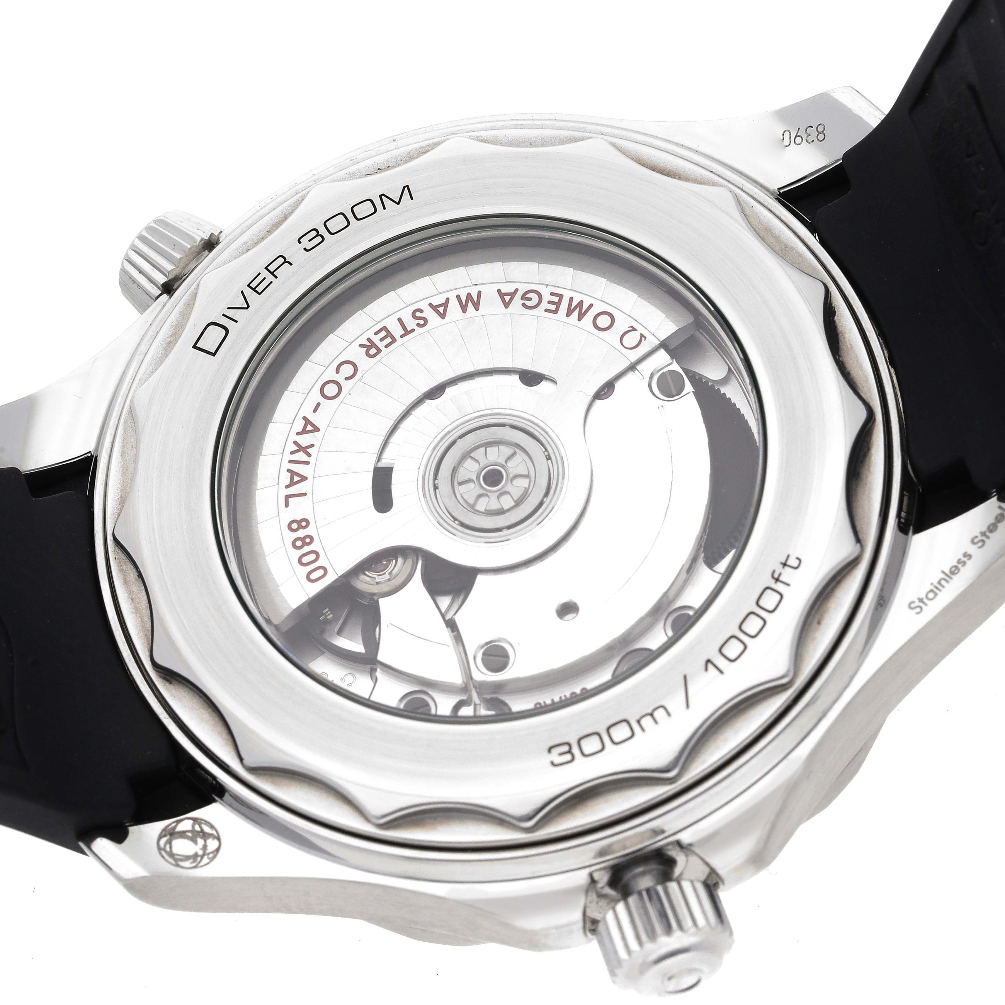 The image shows the back view of the Omega Seamaster 210.32.42.20.04.001 Men
s Stainless Steel White Dial 210.32.42.20.04.001 Men
s Stainless Steel White Dial watch, displaying its transparent case back and inner mechanisms.