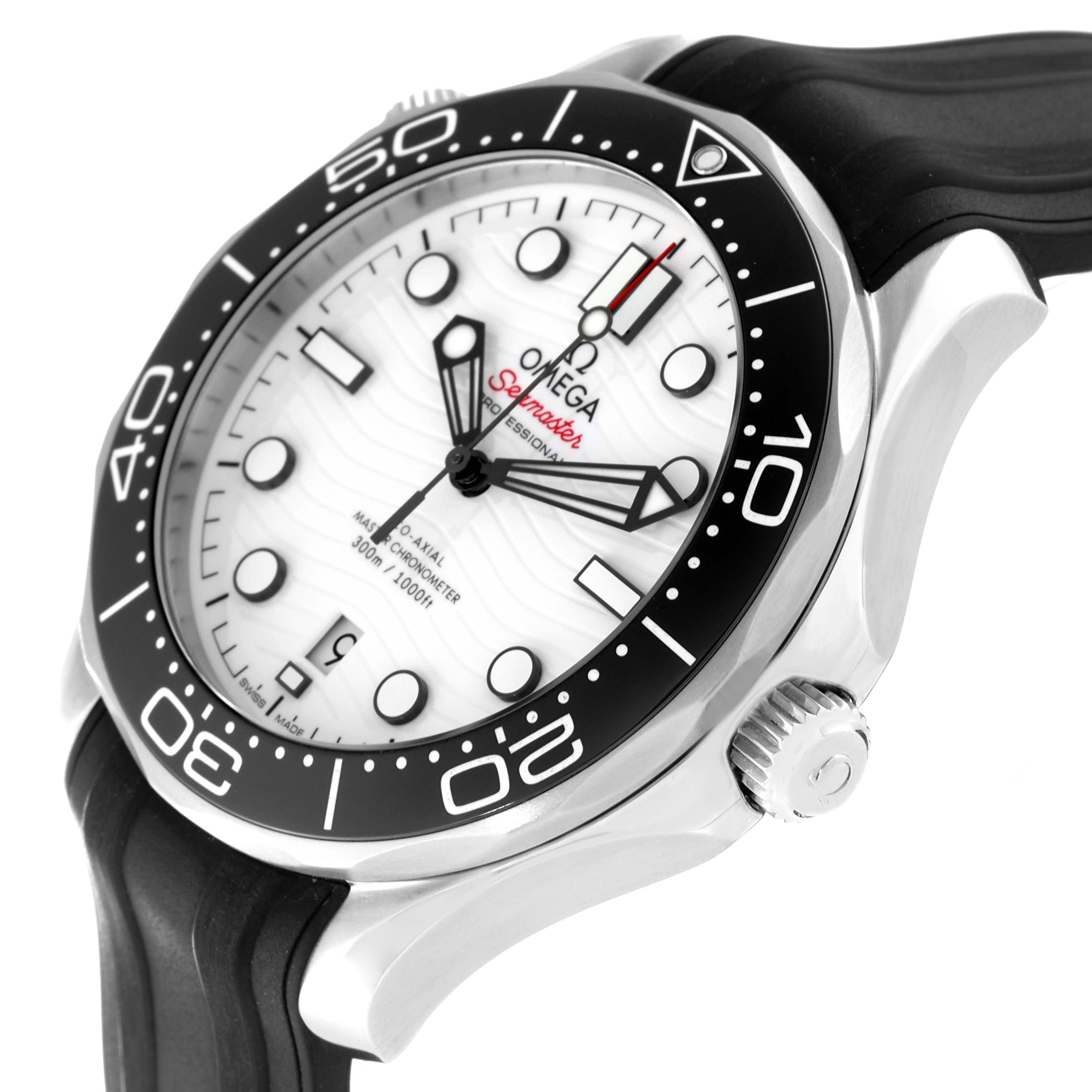 This image shows an angled view of an Omega Seamaster 210.32.42.20.04.001 Men
s Stainless Steel White Dial 210.32.42.20.04.001 Men
s Stainless Steel White Dial watch, highlighting its bezel, crown, dial, and rubber strap.