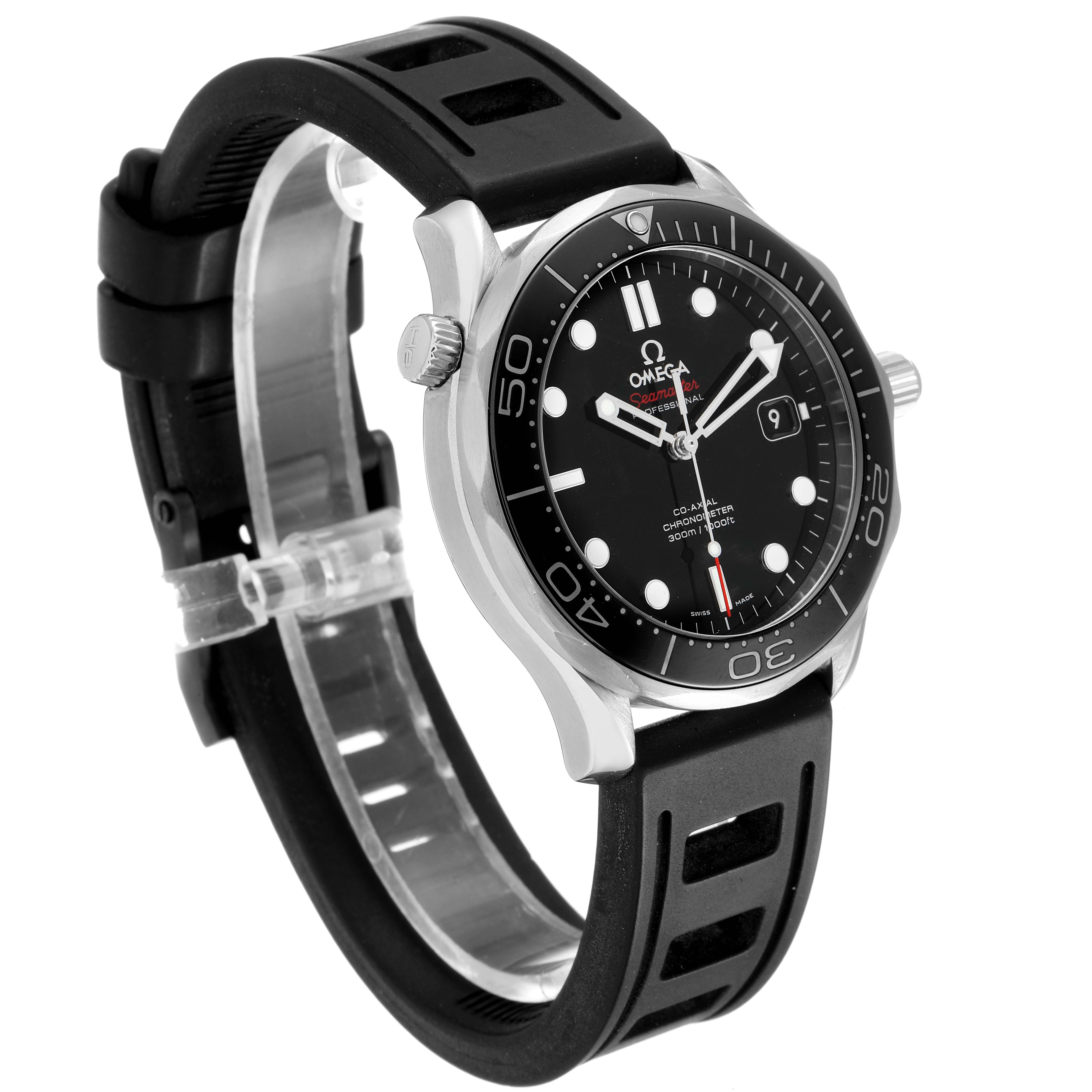 The Omega Seamaster 212.30.41.20.01.003 Men
s Stainless Steel Black Dial 212.30.41.20.01.003 Men
s Stainless Steel Black Dial watch is shown at a three-quarter angle, highlighting its face, bezel, crown, and black rubber strap.
